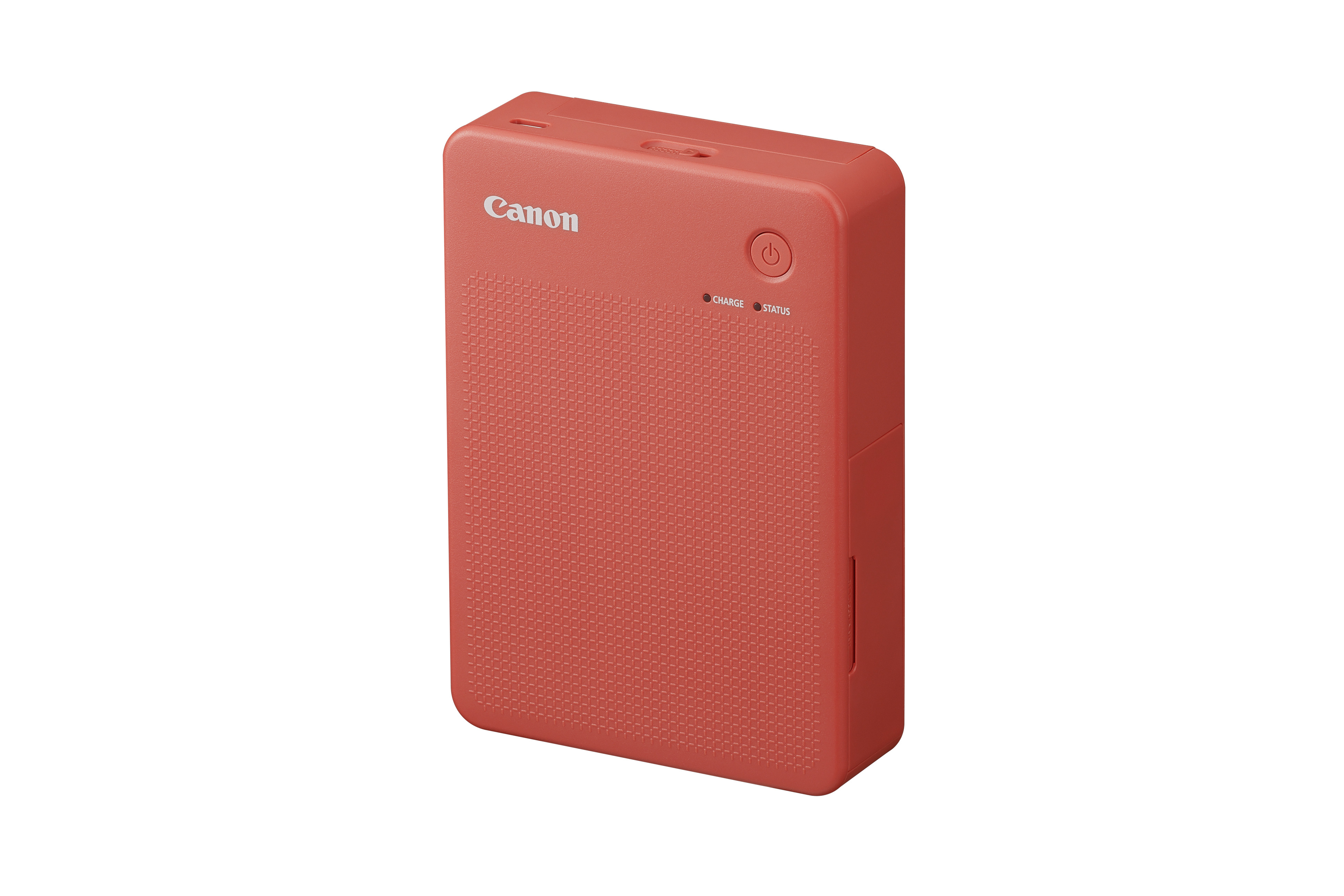 Roter Canon Selphy-Drucker in Schrägansicht. Weißer Hintergrund.