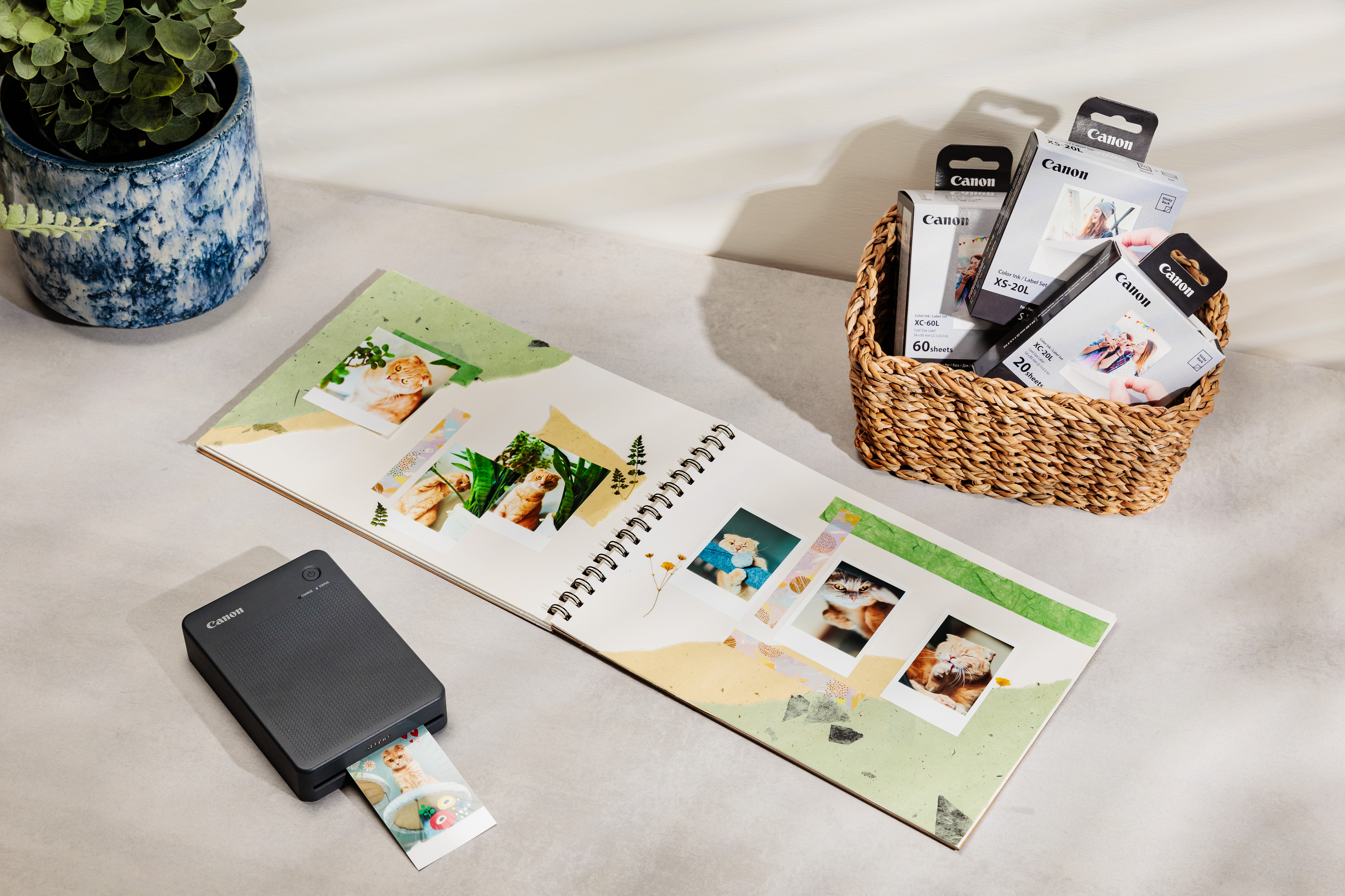 Ein Fotoalbum mit Fotos, ein Drucker und ein Korb mit Fotopapier. Das Album ist geöffnet.