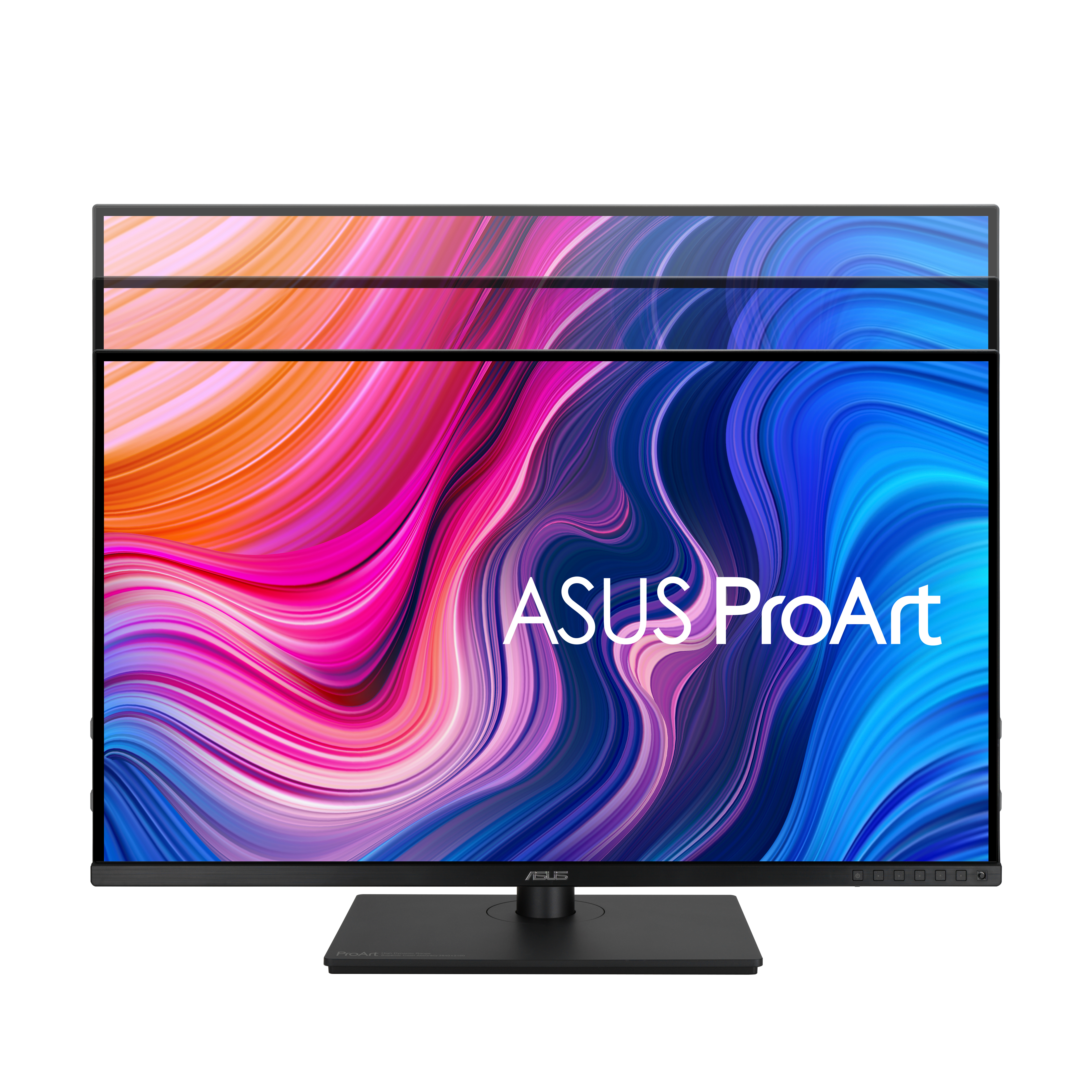 Ein ASUS ProArt Monitor mit farbenfroher, abstrakter Anzeige.