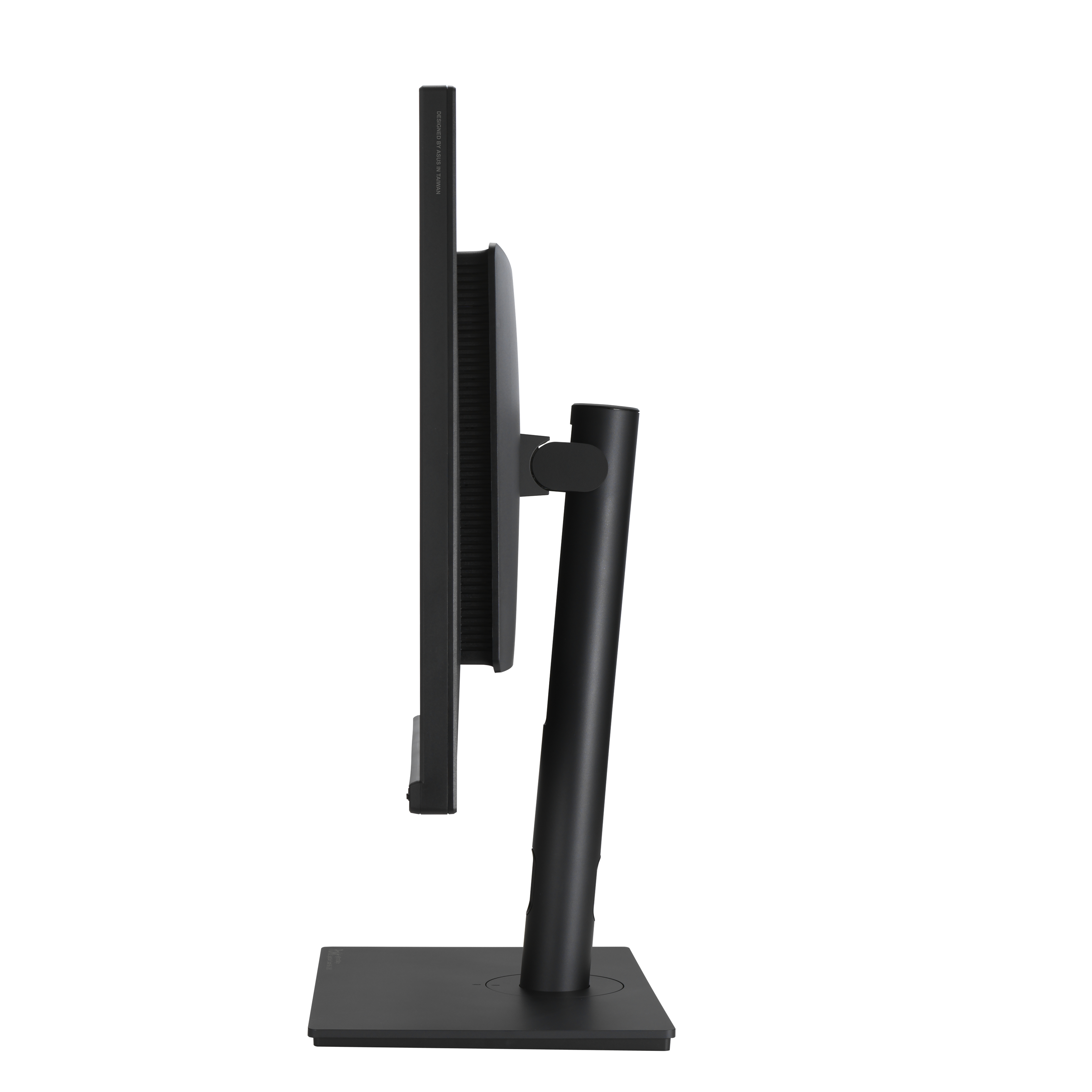 Ein schwarzer Computermonitor, Seitenansicht, auf einem Ständer.