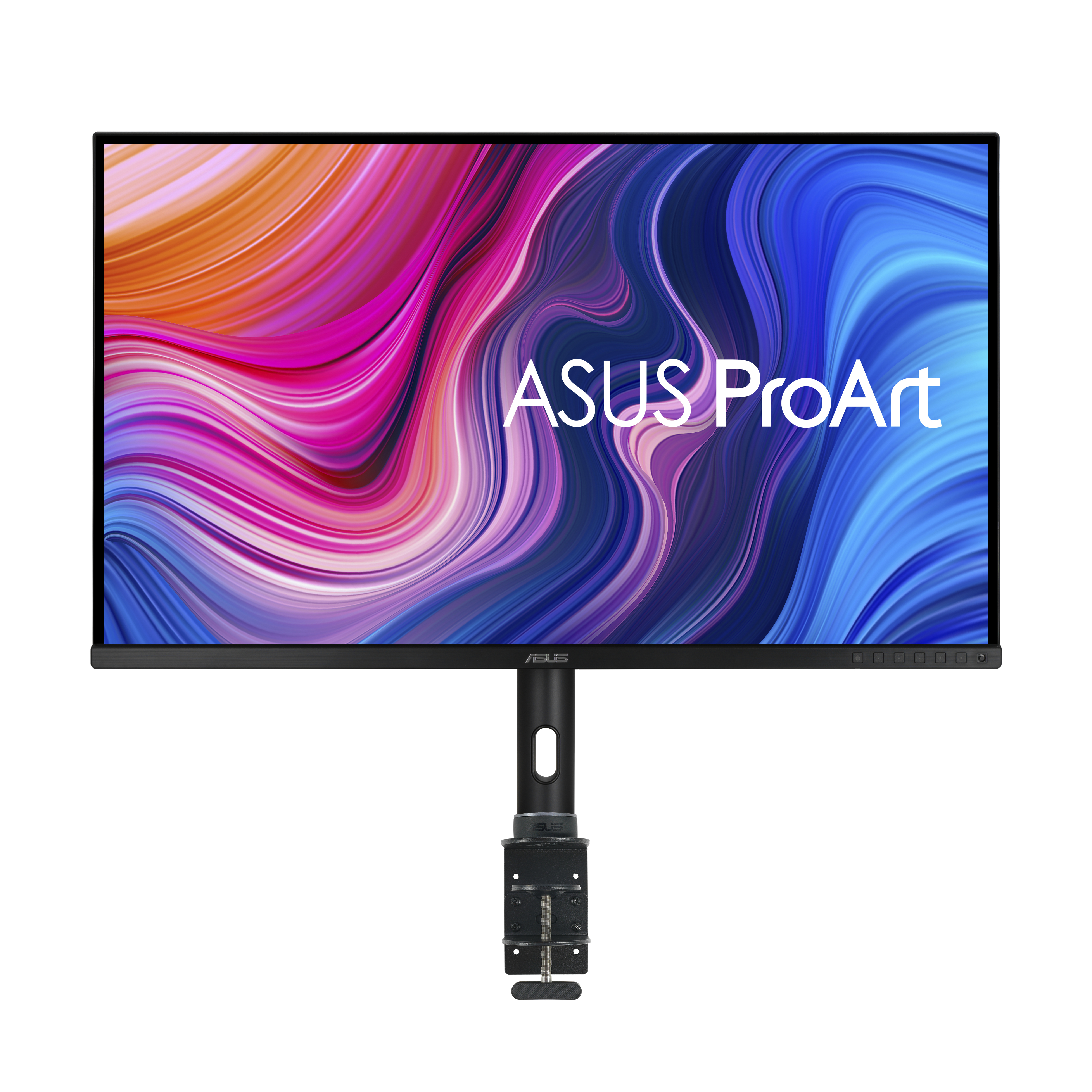 Ein ASUS ProArt Monitor mit farbenfroher, abstrakter Anzeige.