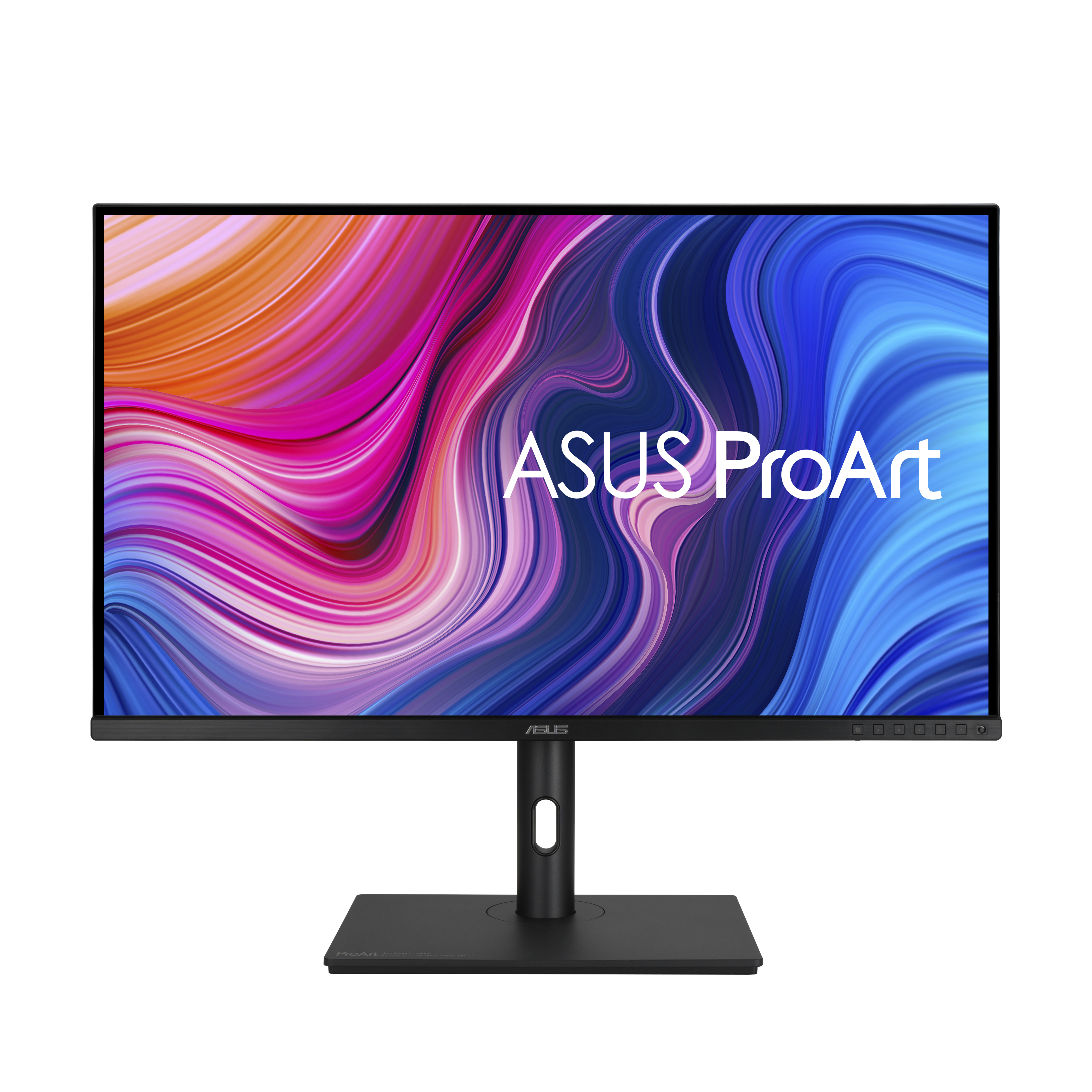 Vorderansicht eines ASUS ProArt Monitors mit einem farbenfrohen abstrakten Hintergrund auf dem Bildschirm.