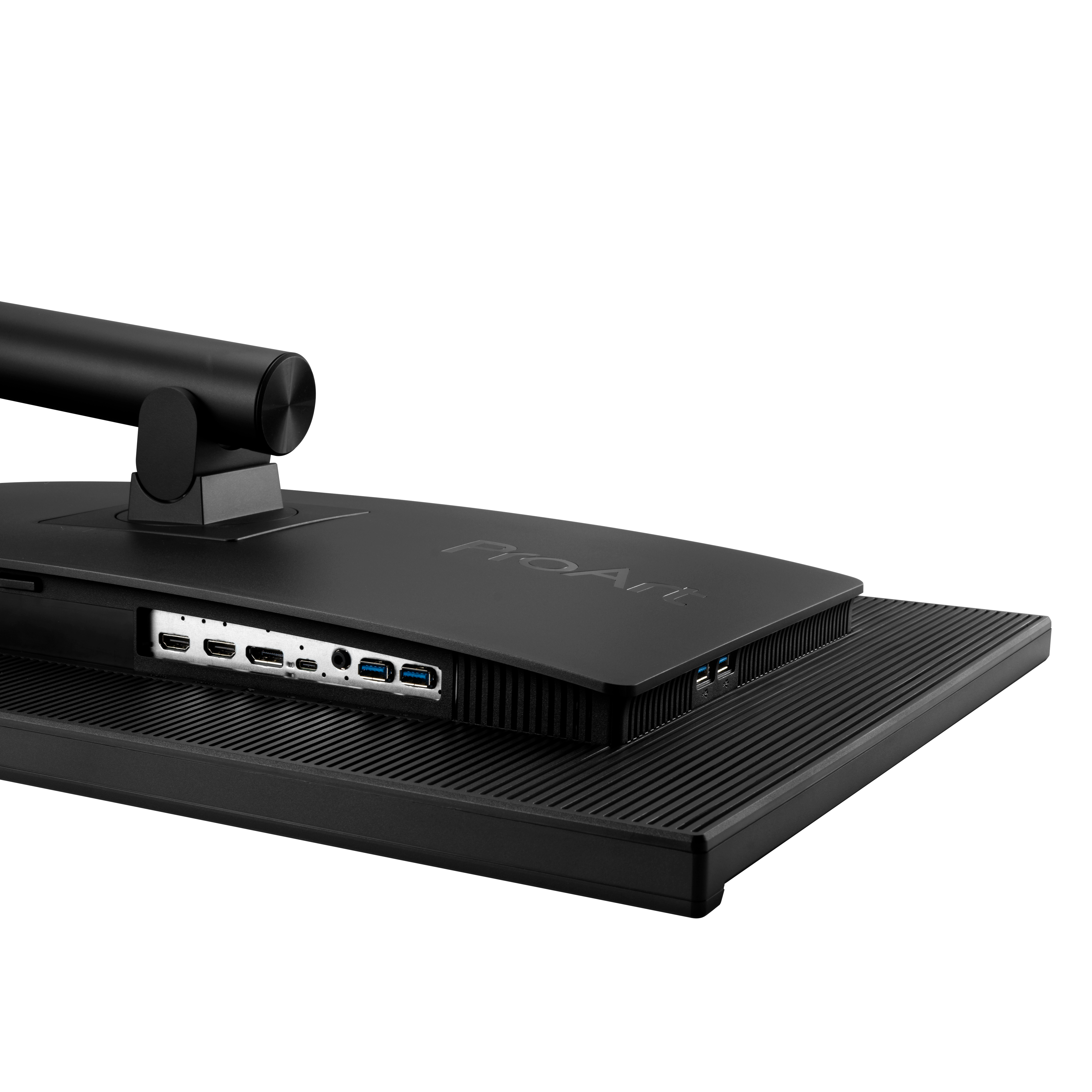 Die Rückseite eines schwarzen Computermonitors mit Anschlüssen. USB, HDMI und andere Anschlüsse sind sichtbar.