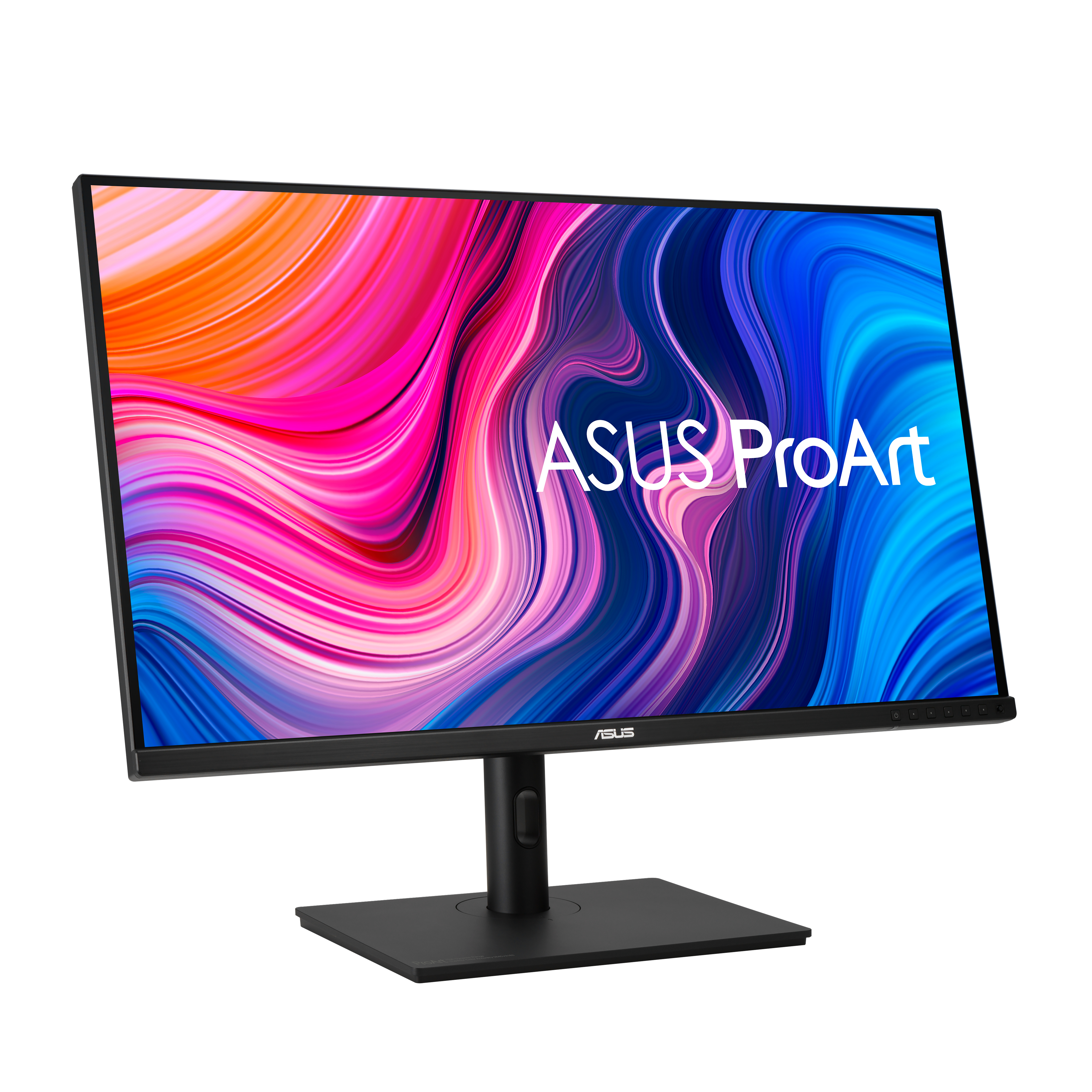 Ein ASUS ProArt Monitor mit einem farbenfrohen abstrakten Bild auf dem Bildschirm.