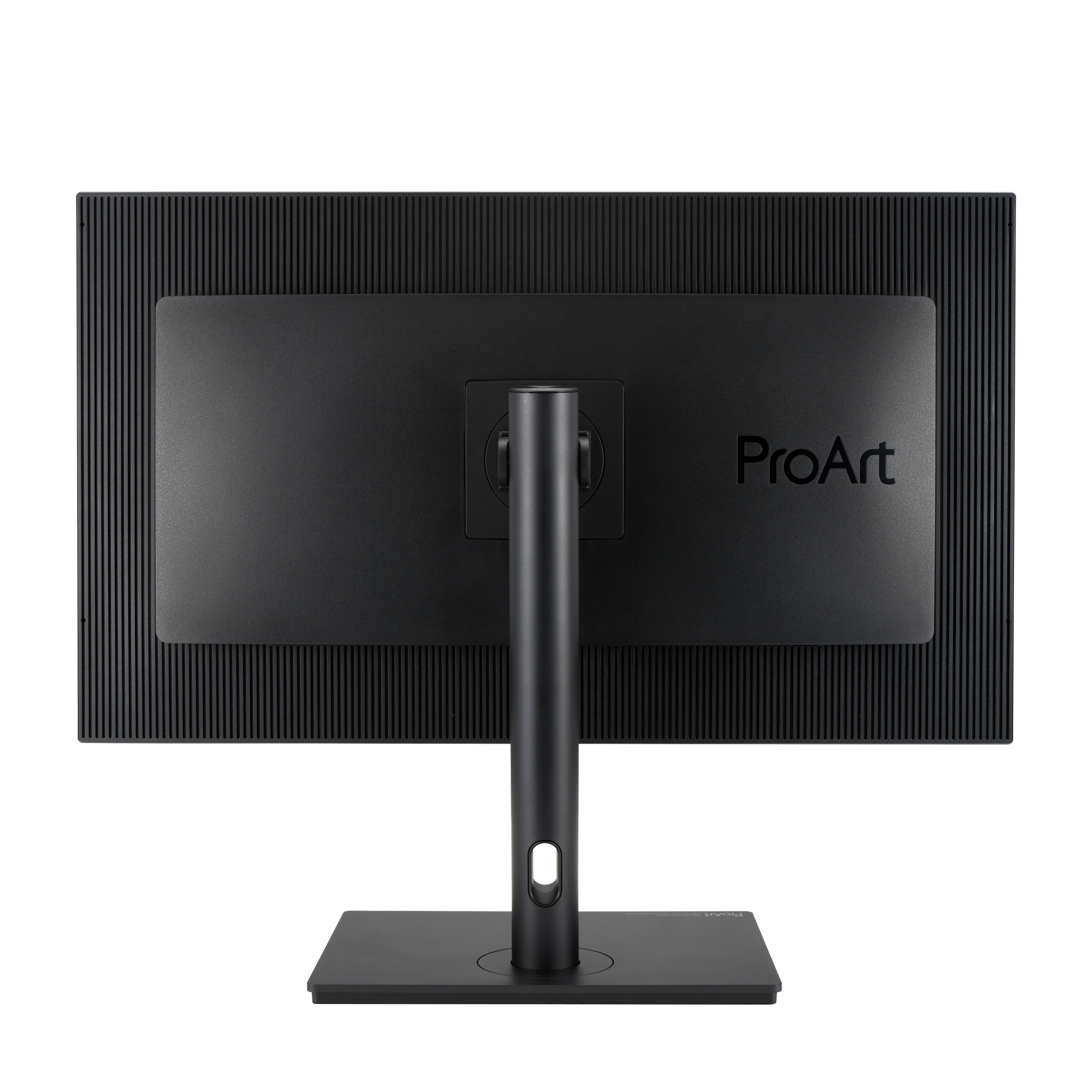Die Rückseite eines schwarzen Monitors mit Ständer. Das Logo ProArt ist sichtbar, ebenso wie der Ständer.