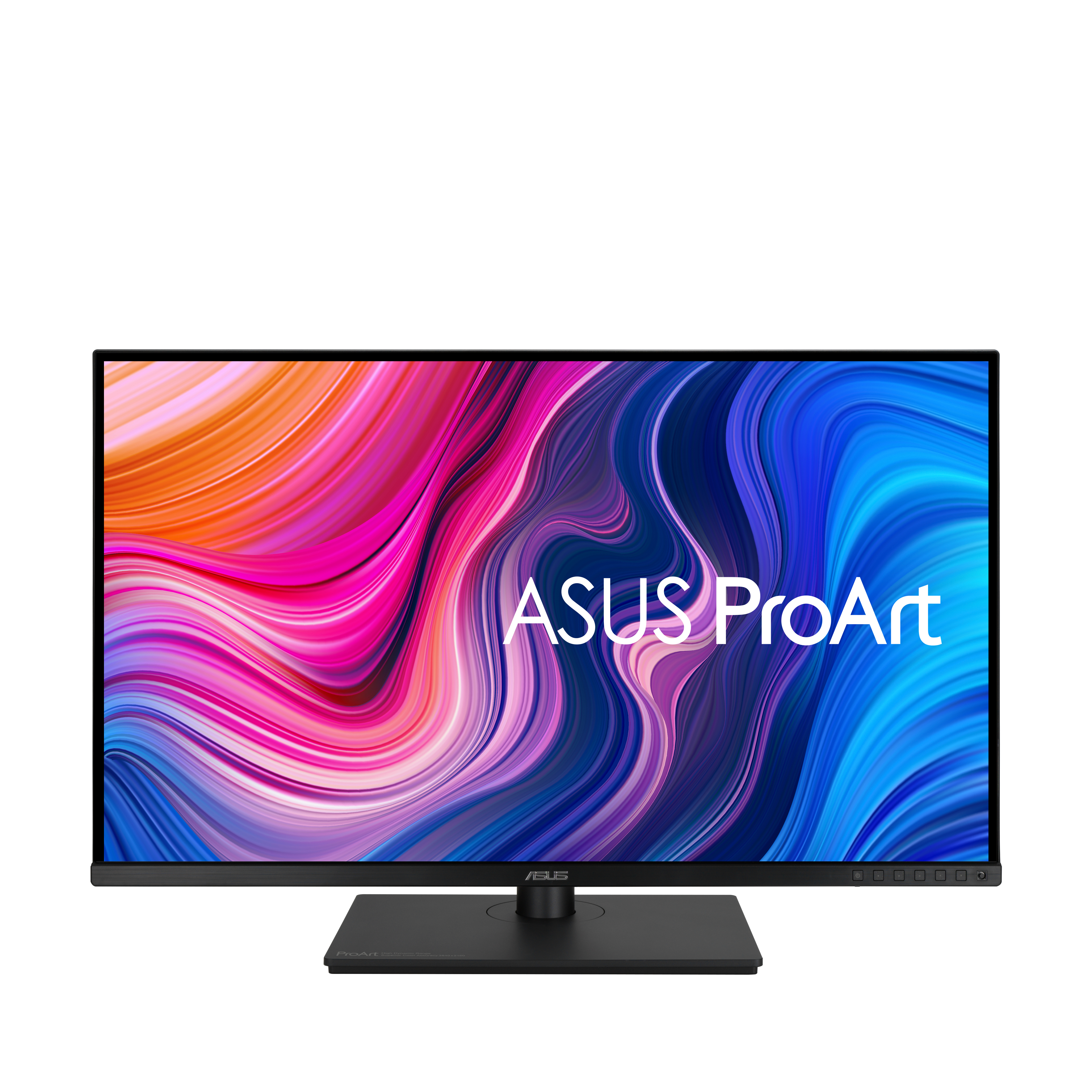Ein ASUS ProArt Monitor auf weißem Hintergrund, der ein farbenfrohes abstraktes Bild auf dem Bildschirm zeigt.