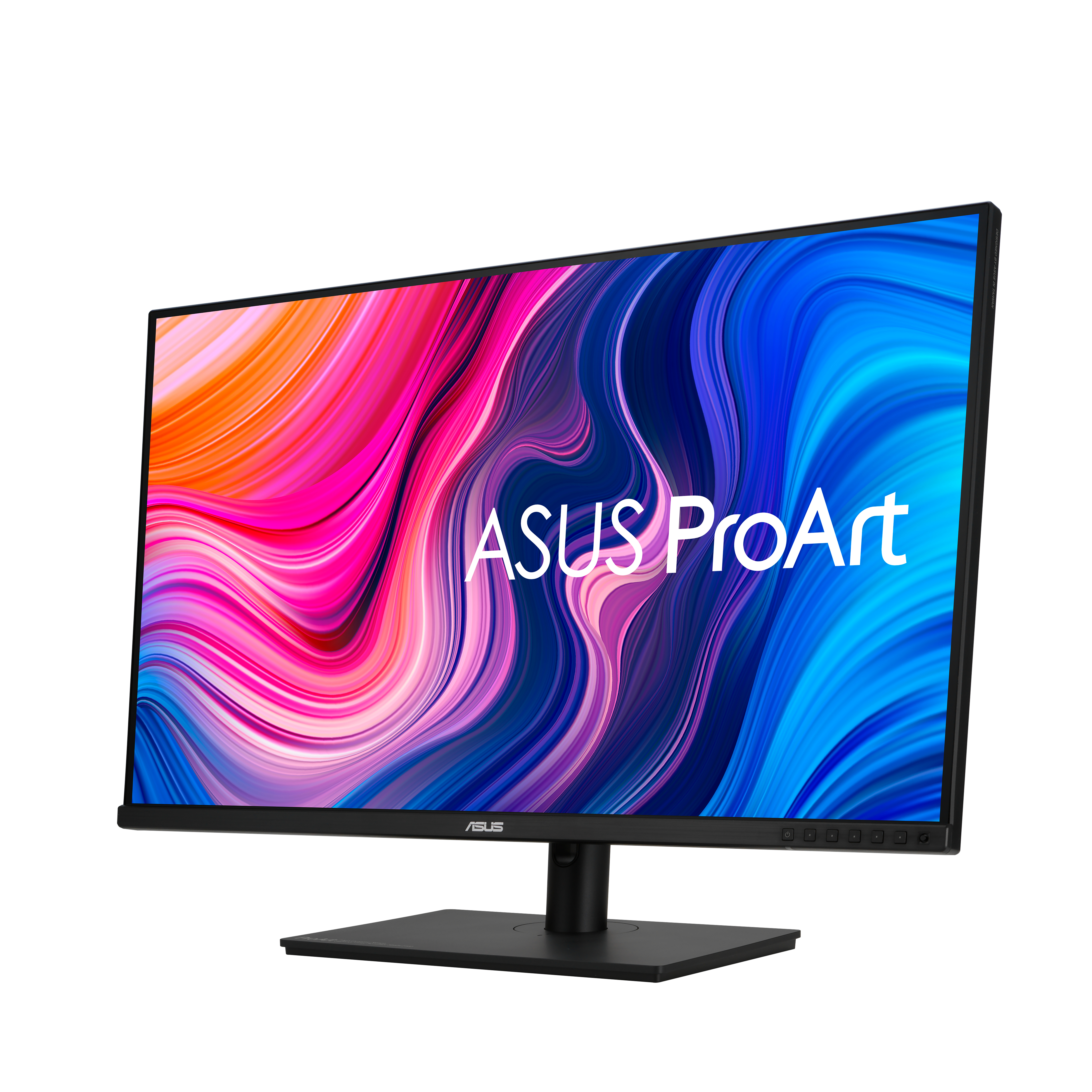 Schwarzer Computermonitor mit farbenfroher abstrakter Grafik.