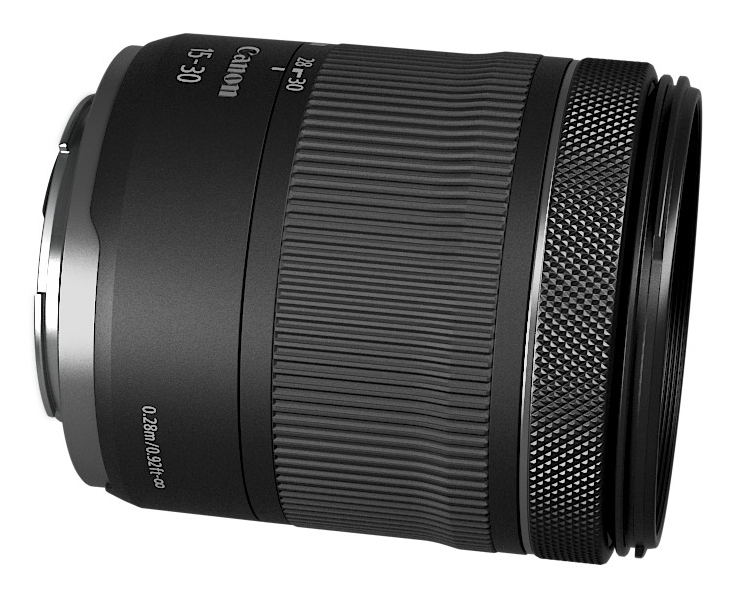Ein schwarzes Canon-Objektiv mit Rillen und Markierungen. Es ist vor weißem Hintergrund.