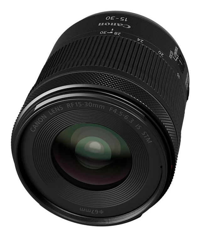 Canon-Objektiv mit schwarzem Gehäuse. Das Objektiv ist zum Betrachter hin abgewinkelt.