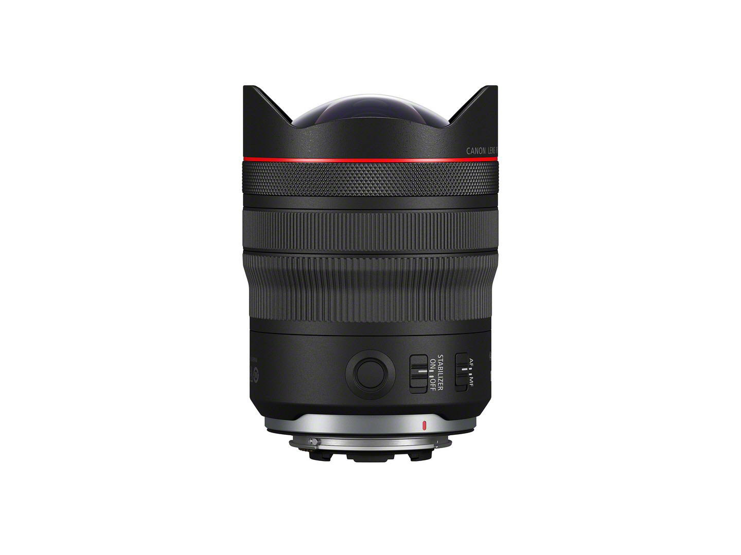 Schwarzes Canon-Objektiv mit rotem Ring auf weißem Hintergrund.