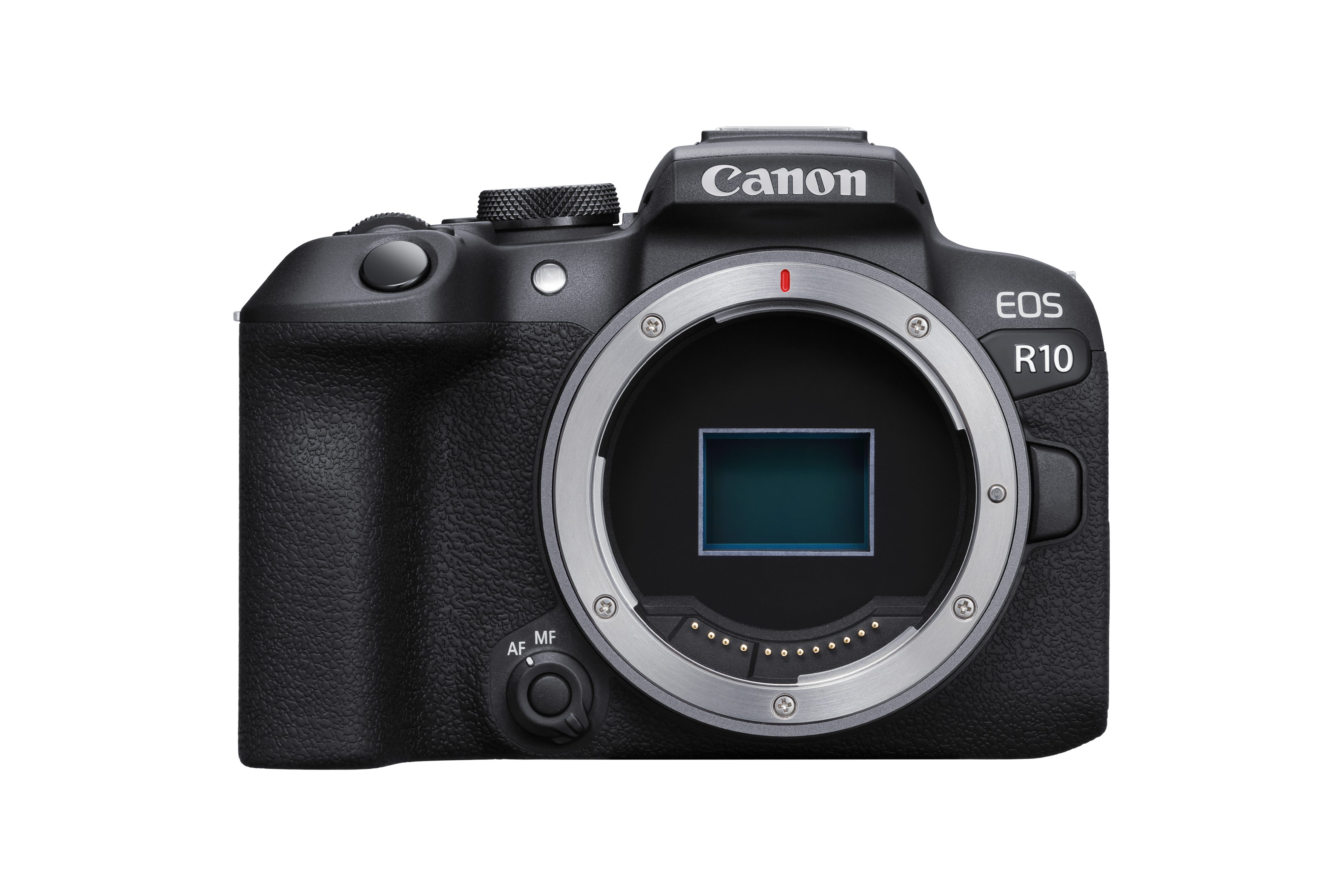 Vorderansicht einer schwarzen Canon EOS R10 Kamera. Der Objektivanschluss ist sichtbar.