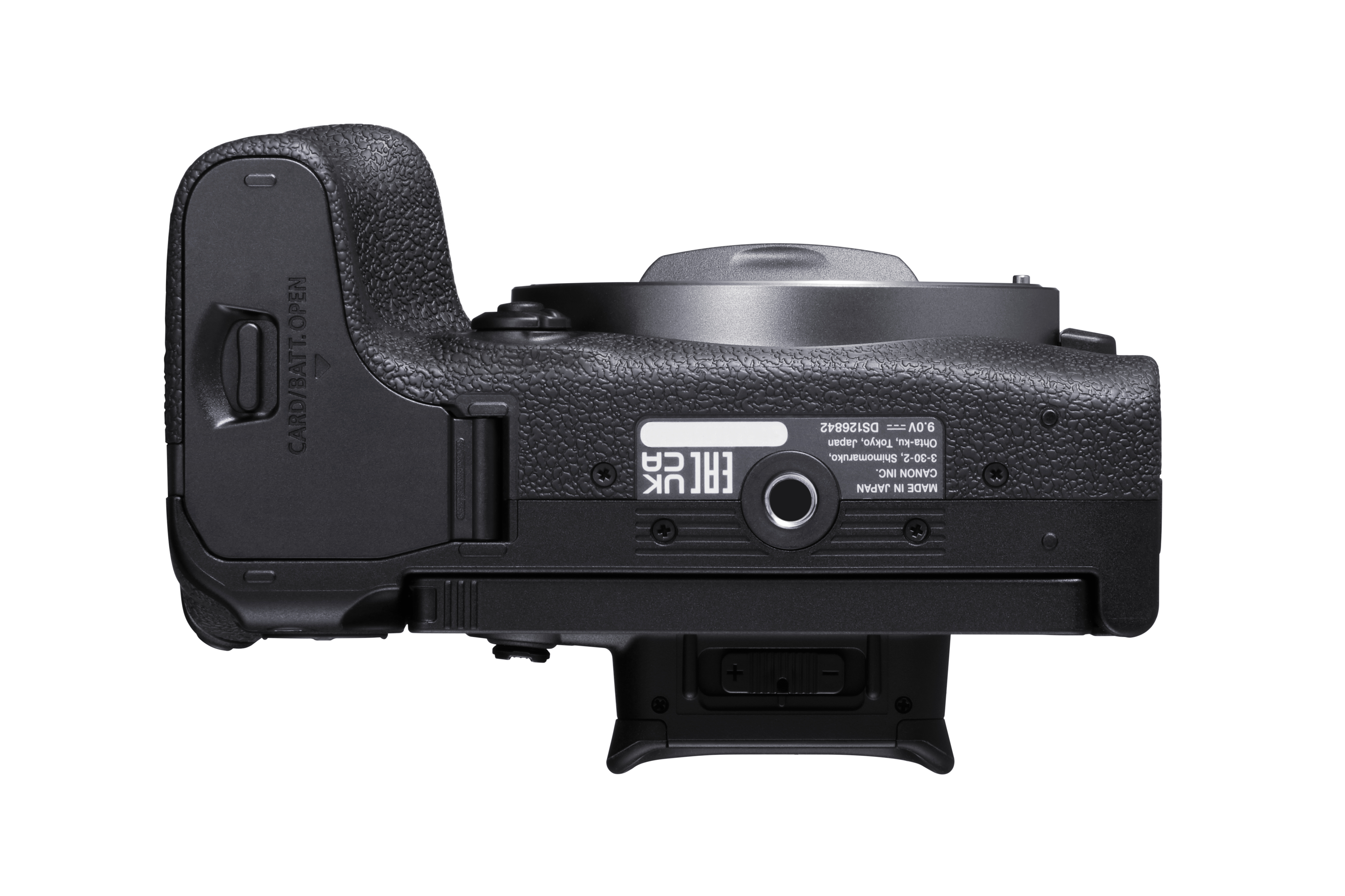 Draufsicht auf eine schwarze Canon Kamera. Das offene Karten-/Batteriefach ist sichtbar.