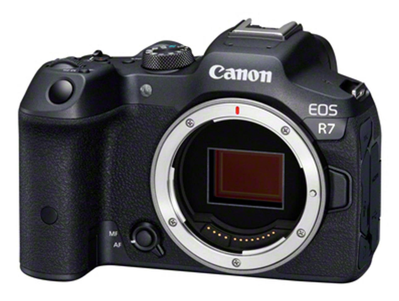 Schwarze Canon EOS R7 Kamera mit Objektiv. Sie hat Knöpfe, Räder und einen roten Punkt in der Mitte, auf Weiß.