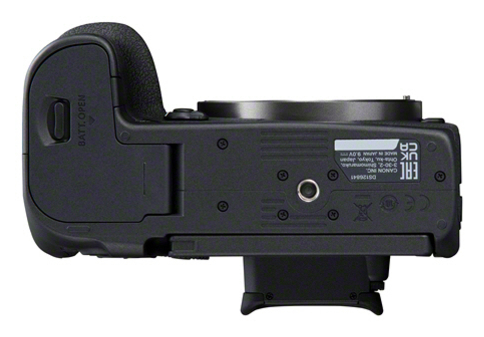 Unteransicht einer schwarzen Canon-Kamera mit Batteriefach und weißem Hintergrund.