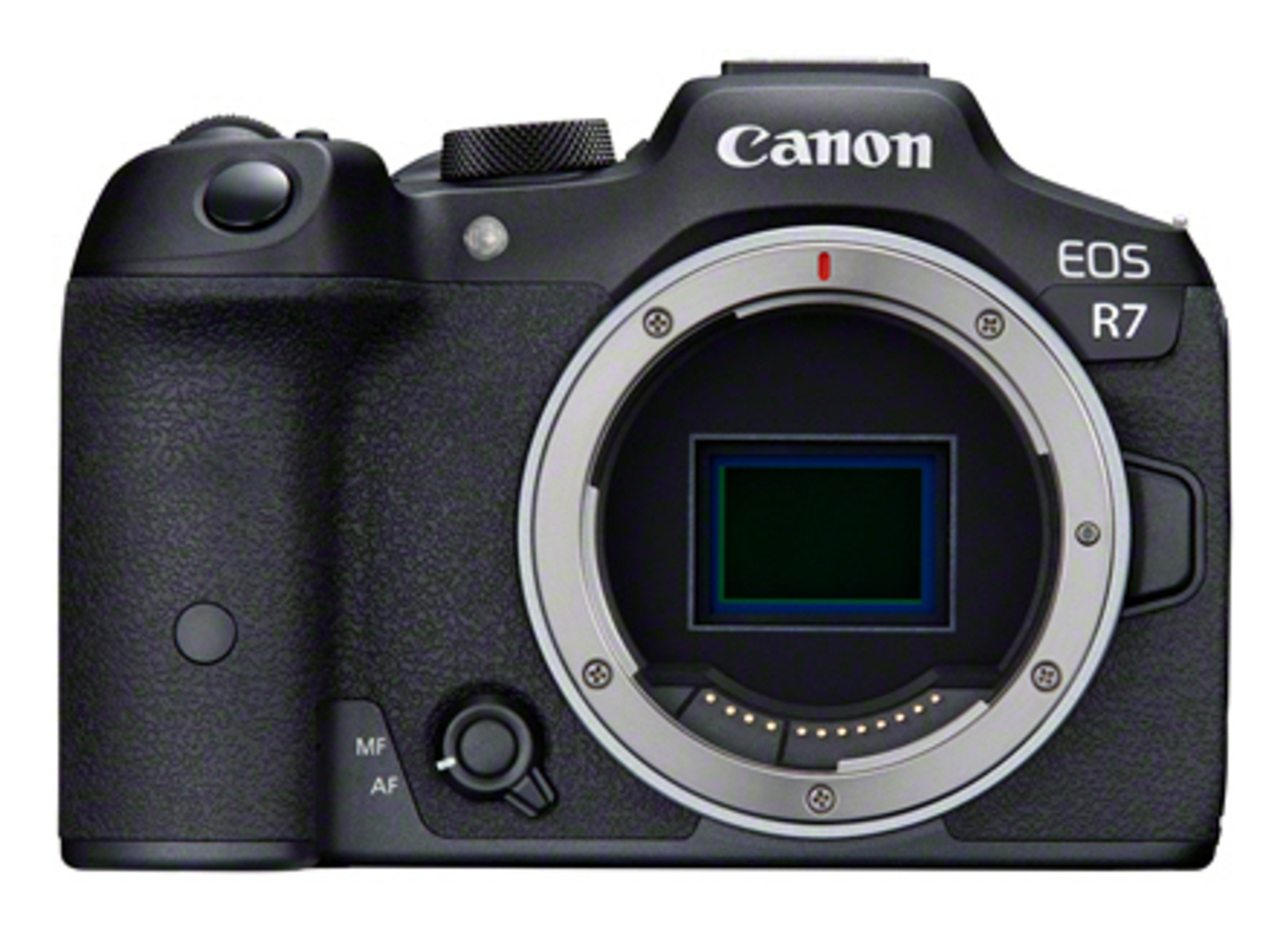 Eine schwarze Canon EOS R7 Kamera auf weißem Hintergrund.