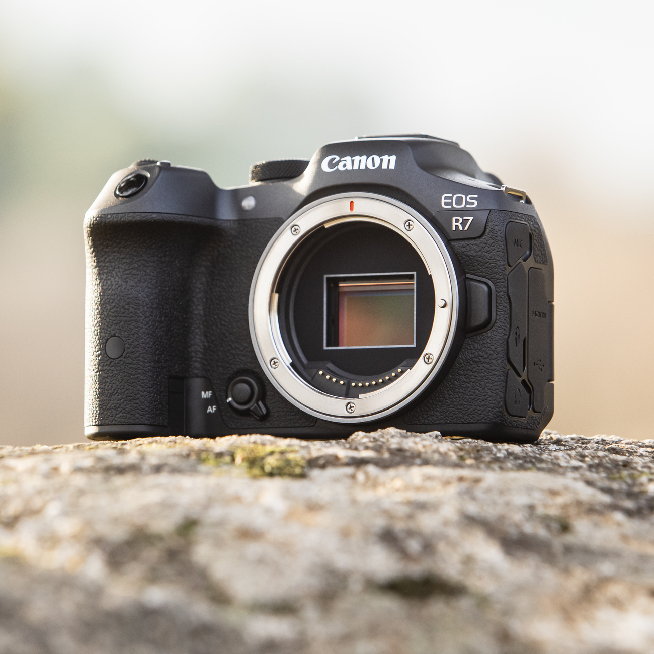 Vorderansicht einer schwarzen Canon EOS R7 Kamera auf einem Felsen. Der Objektivanschluss ist sichtbar.