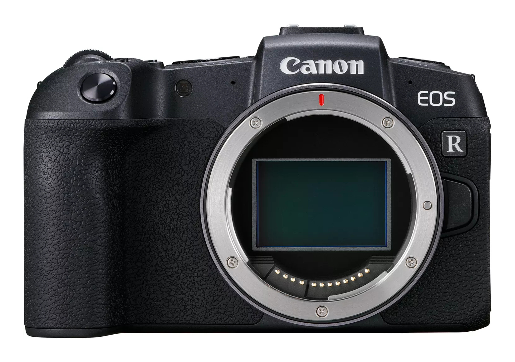 Vorderansicht einer schwarzen Canon EOS R Kamera. Der Objektivanschluss ist sichtbar.