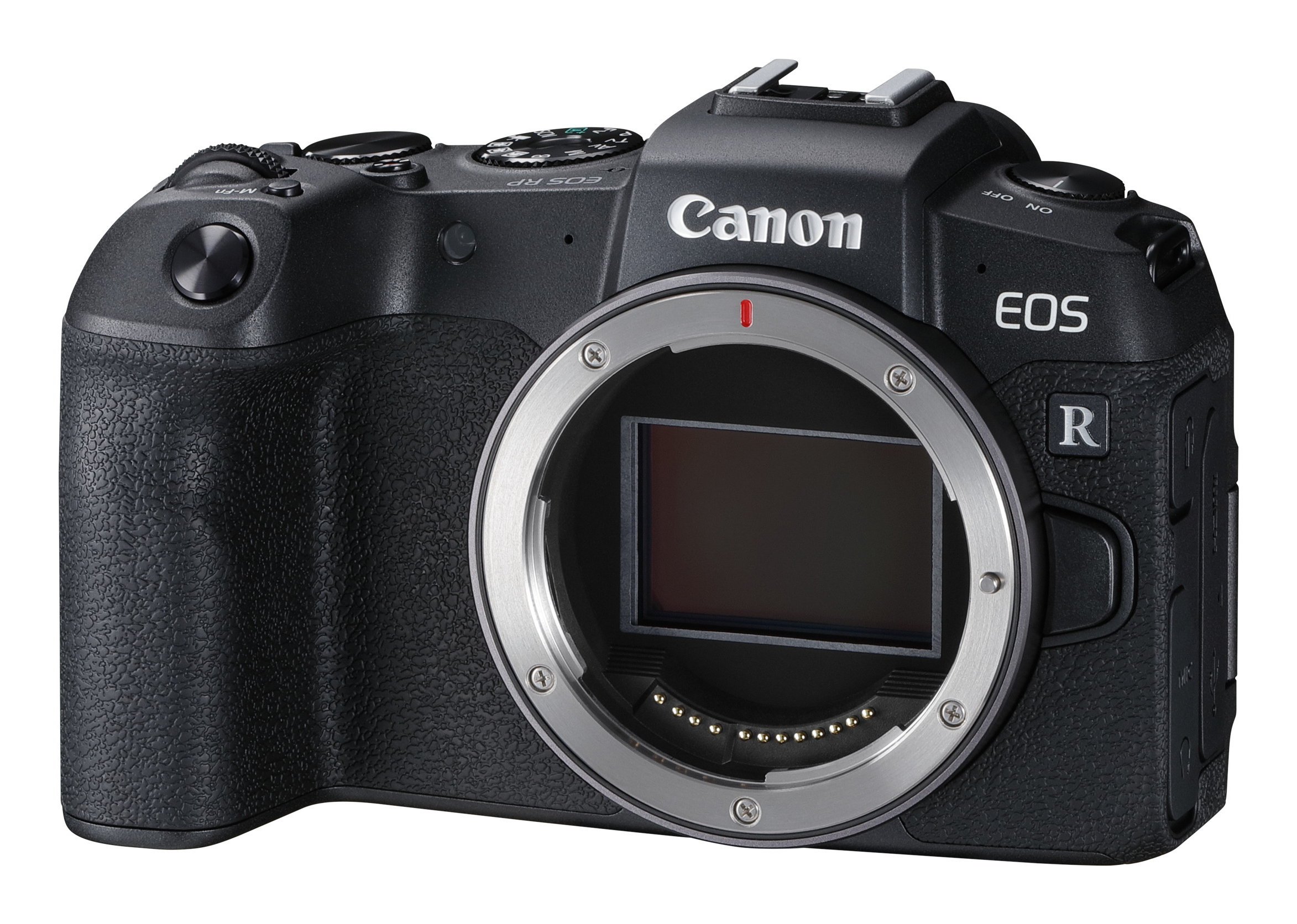 Eine schwarze Canon EOS R Kamera. Sie hat ein Objektiv und verschiedene Knöpfe.