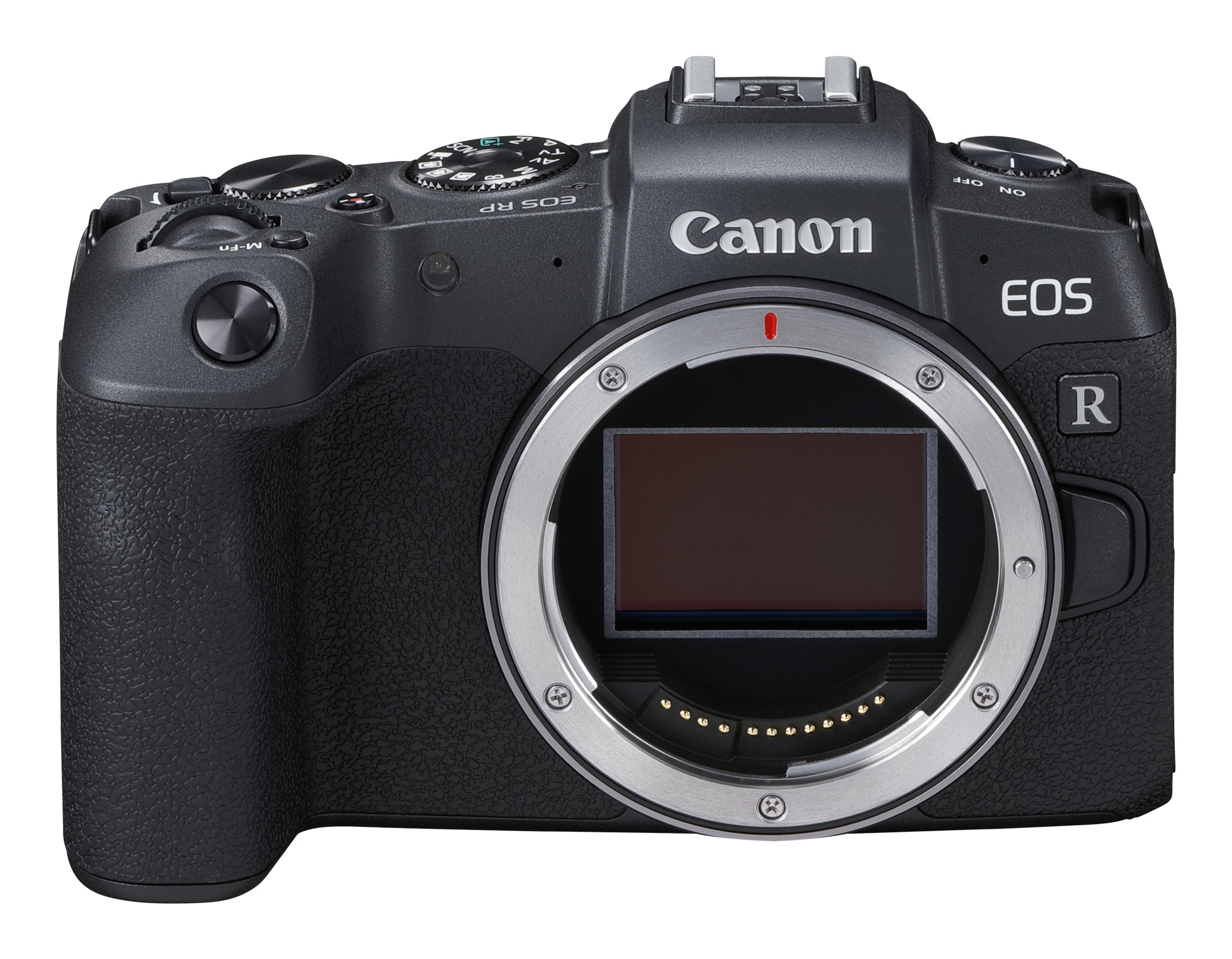 Schwarze Canon EOS RP Kamera mit Objektiv. Vorderansicht, auf weißem Hintergrund.