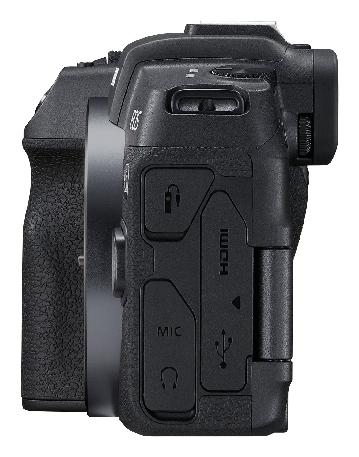Seitenansicht einer schwarzen Canon Kamera. MIC, HDMI und andere Anschlüsse sind sichtbar.