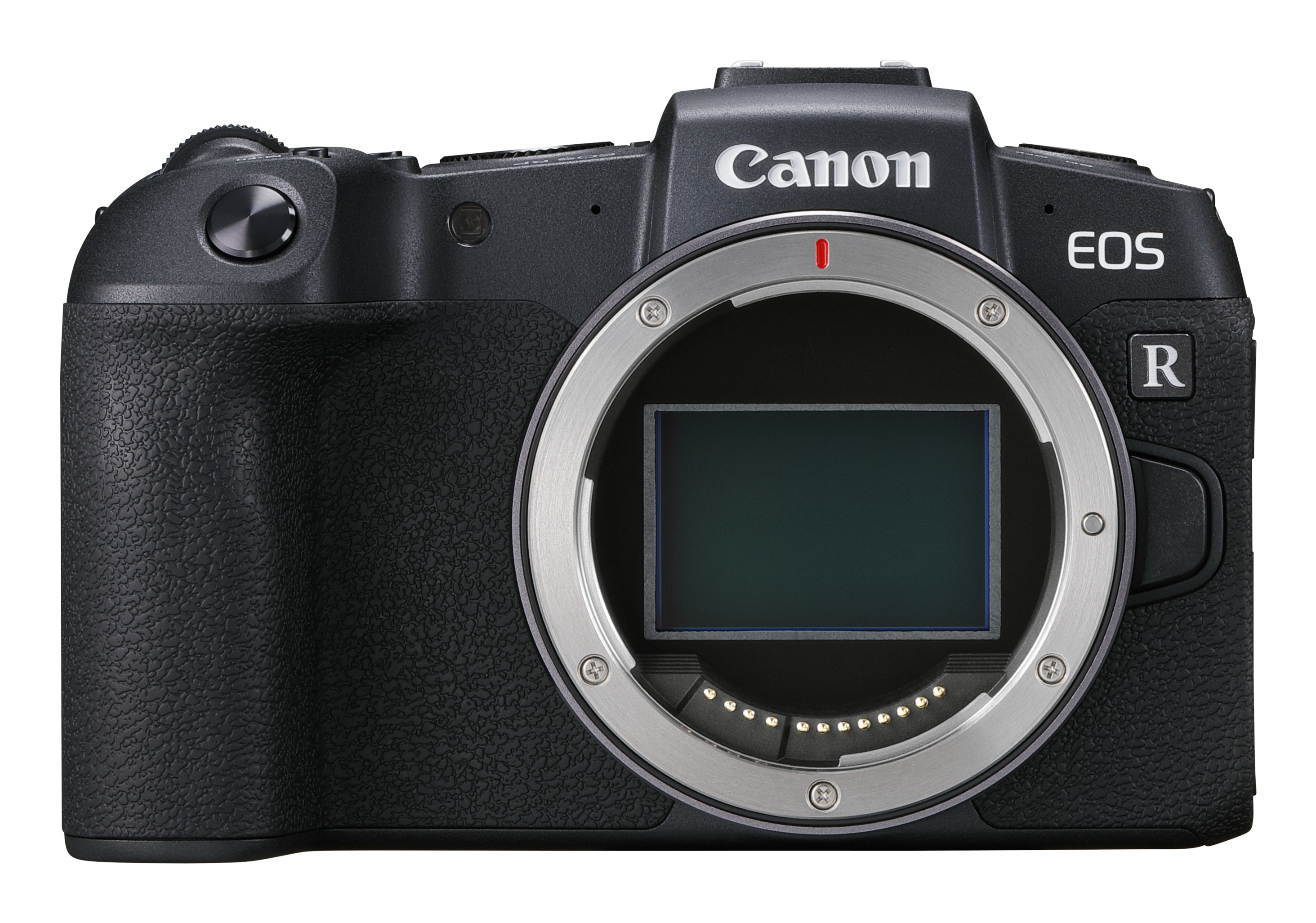 Vorderansicht einer schwarzen Canon EOS R Kamera. Der Objektivanschluss ist sichtbar.