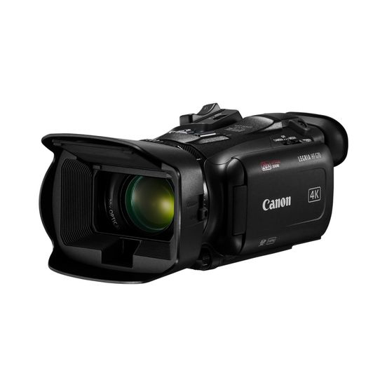 Schwarze Canon Legria HF670 Camcorder. Objektiv, Canon Logo und 4K-Marke sichtbar.