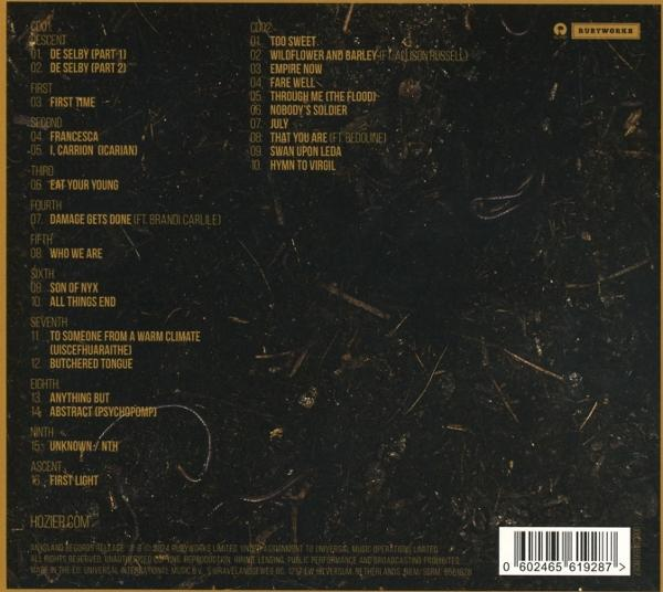 Pochette de CD. Fond sombre avec une liste de chansons et le nom 'Hozier' en bas.