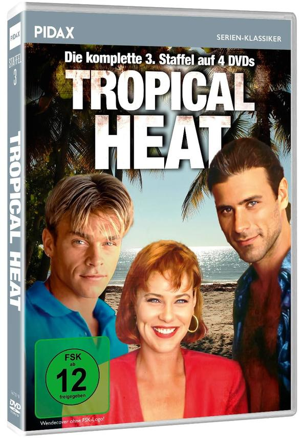 DVD-Cover einer Fernsehserie. Drei Personen lächeln. Palmen und blauer Himmel im Hintergrund.