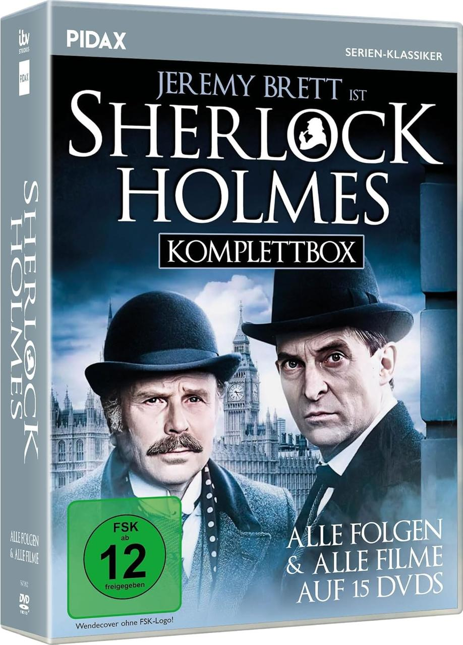 DVD-Cover von 'Sherlock Holmes'. Zwei Männer vor einem Gebäude mit einem Uhrturm.