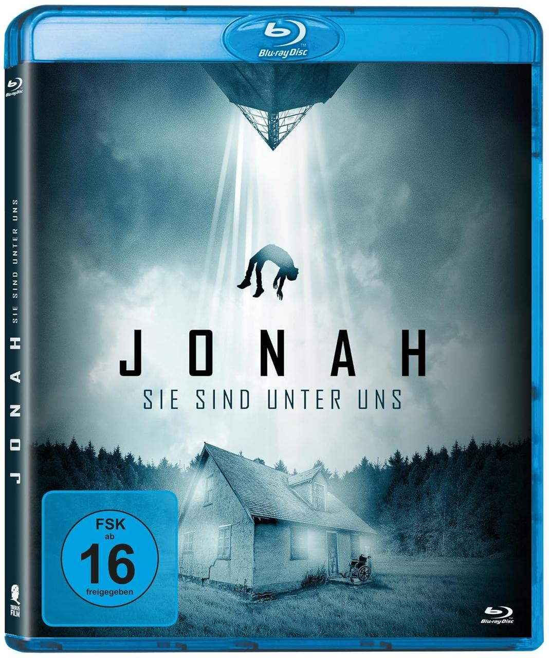 DVD-Cover: Eine Figur fällt von einem Lichtstrahl auf ein Haus im Wald.