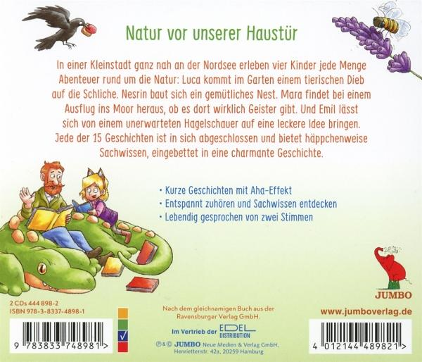 Rückseite eines Buches mit einer Karikatur von Leuten, die an einem grünen Wesen lesen.