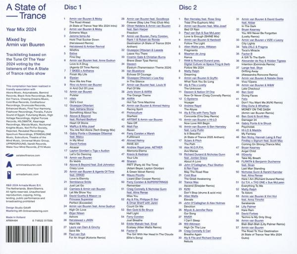 Cover des A State of Trance Year Mix 2024-CDs mit der Titelliste von Armin van Buuren.