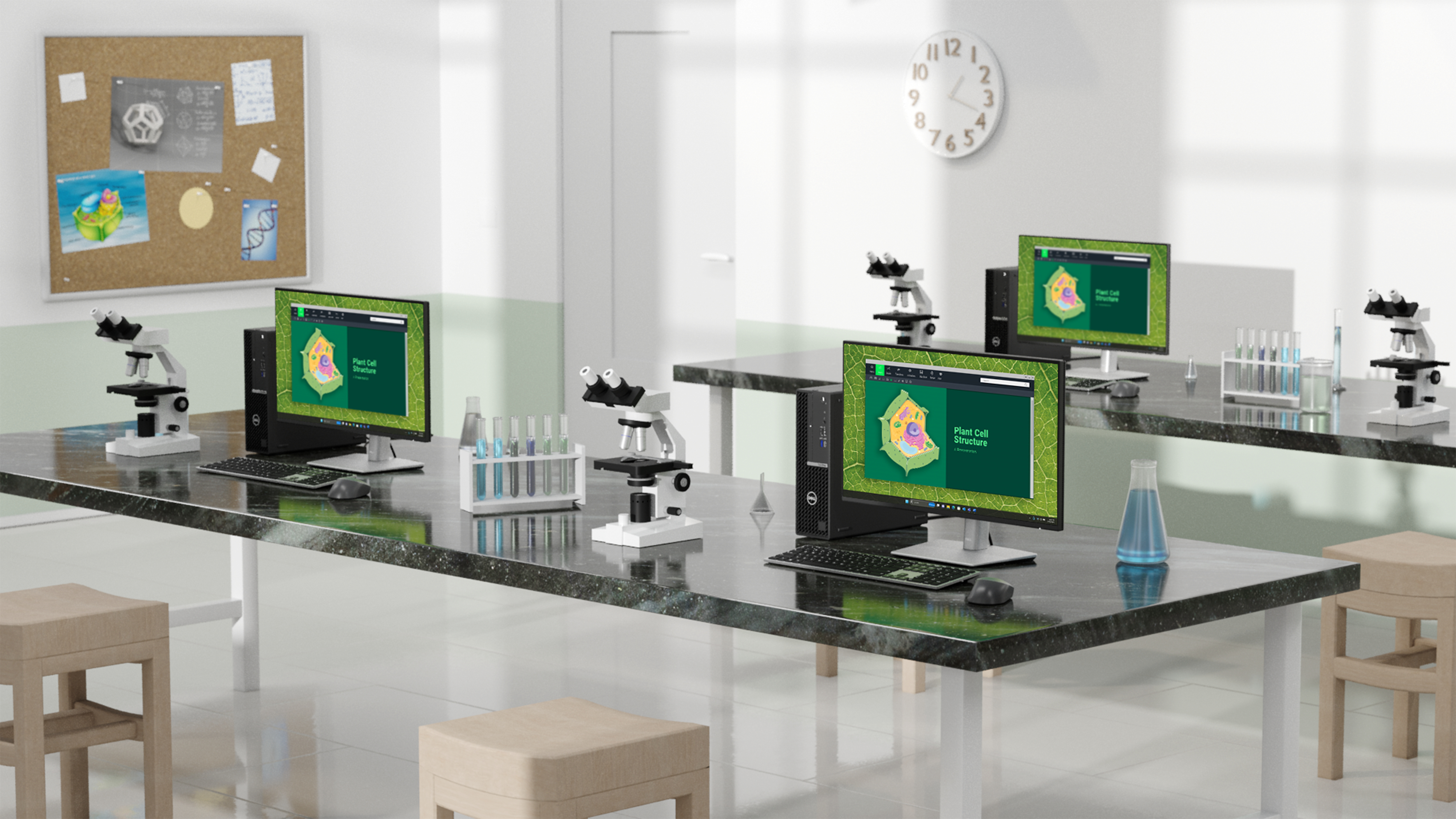 Ein Labor mit Mikroskopen, Computern mit Pflanzenzellen und Laborausrüstung.