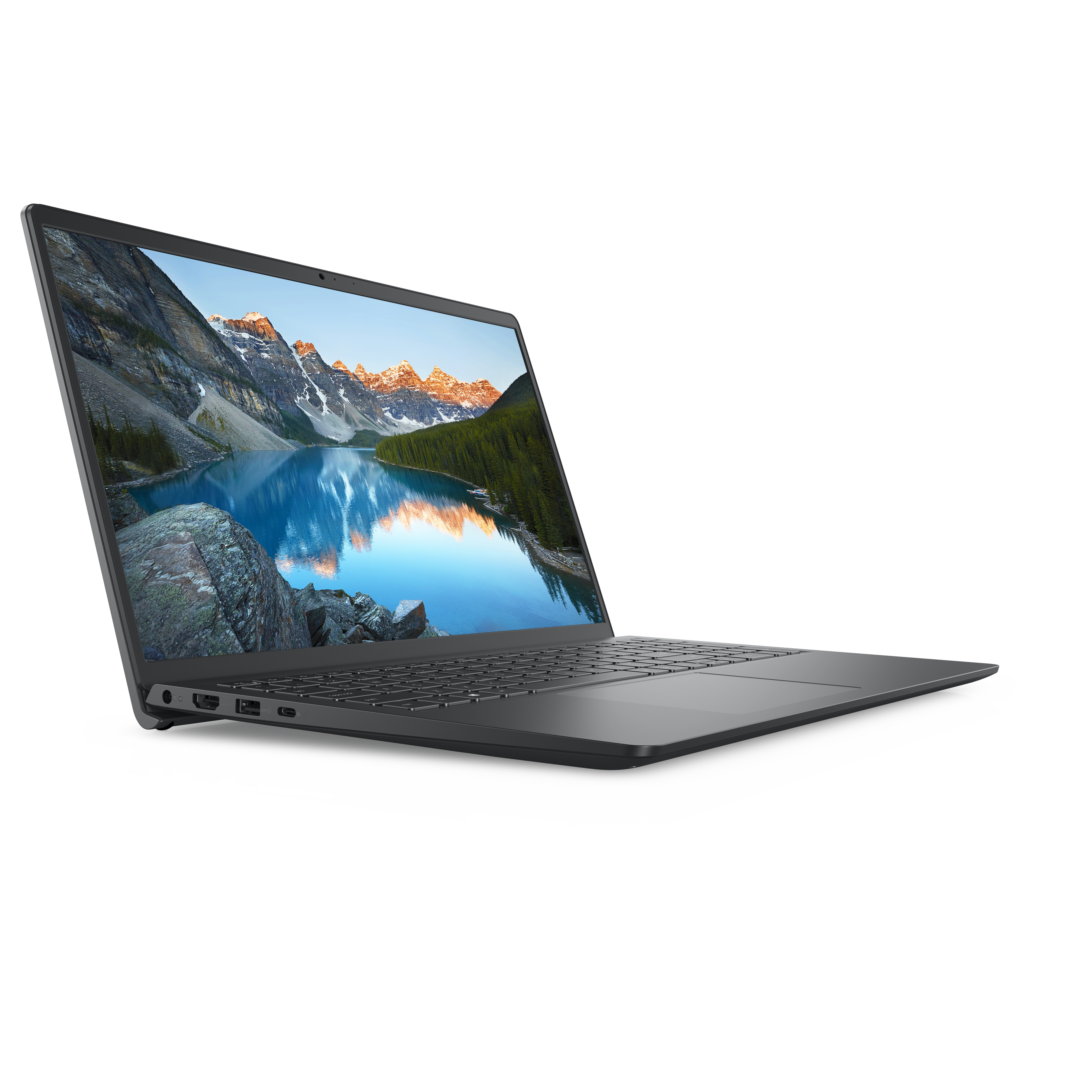 Dunkelgrauer Laptop, geöffnet, schräge Ansicht, Landschaftsszene auf dem Bildschirm, weißer Hintergrund.