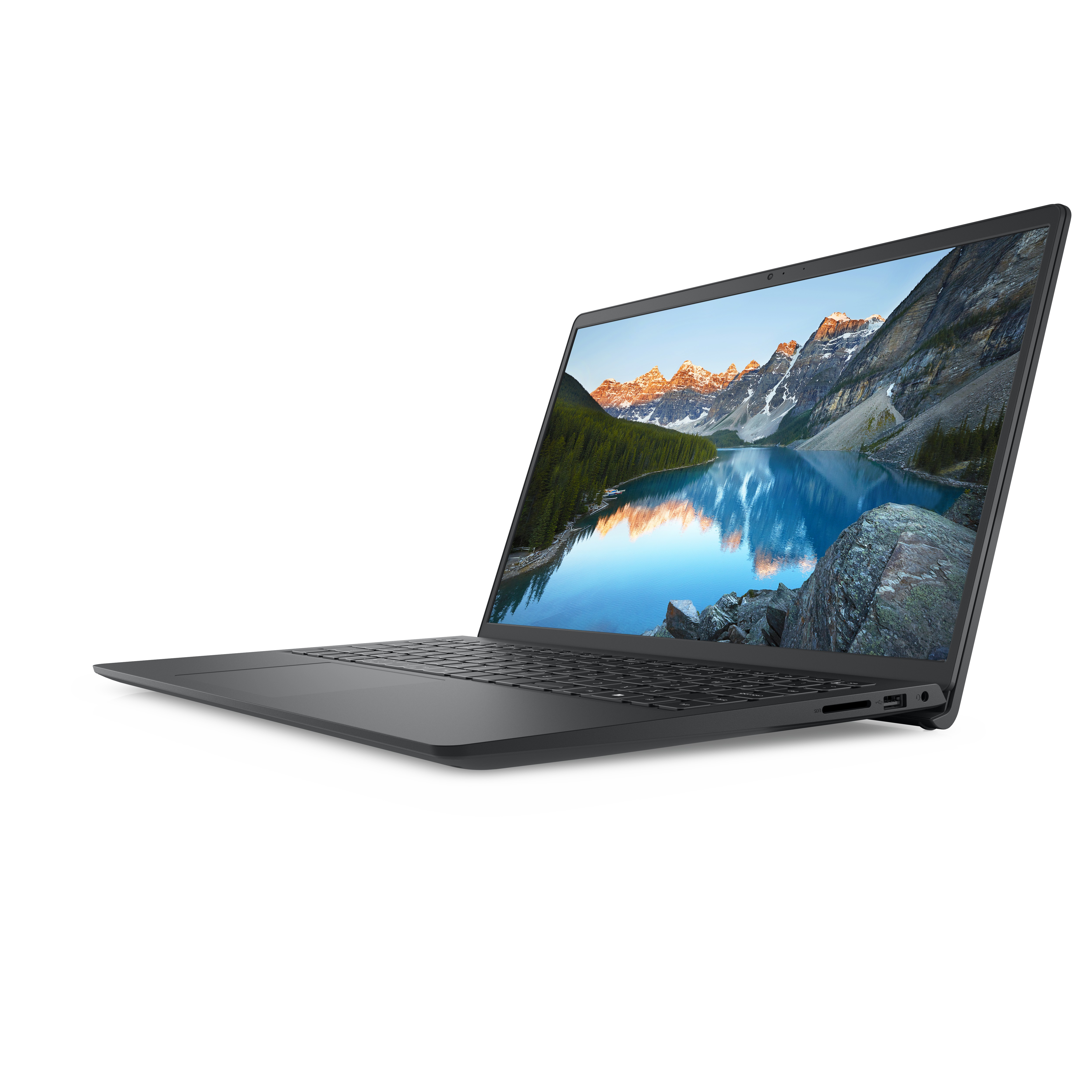 Dunkelgrauer Laptop, geöffnet, schräge Ansicht, Bergszene auf dem Bildschirm, weißer Hintergrund.