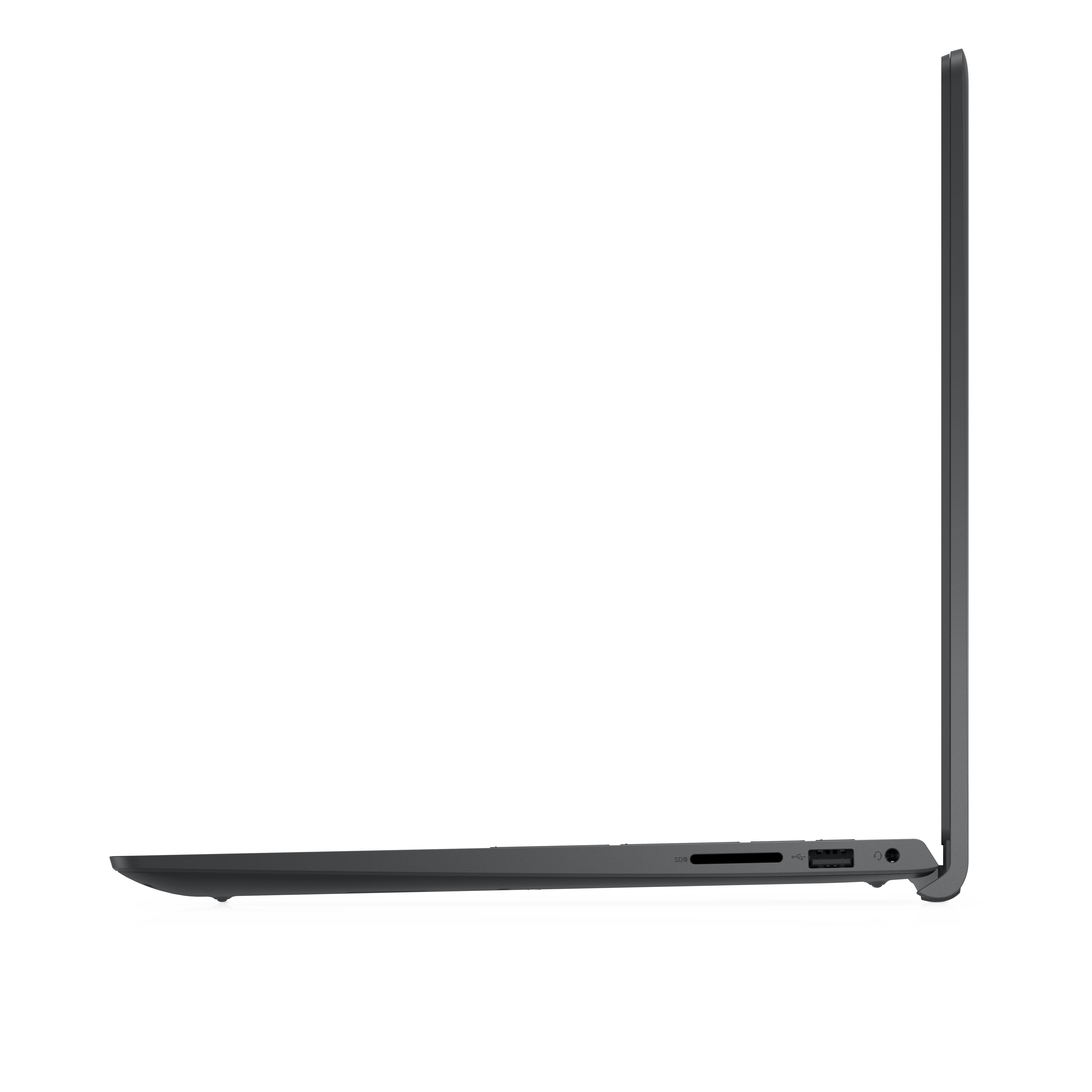 Seitenprofil eines schwarzen Laptops. Anschlüsse für SD-Karte, USB und Audio sind sichtbar.