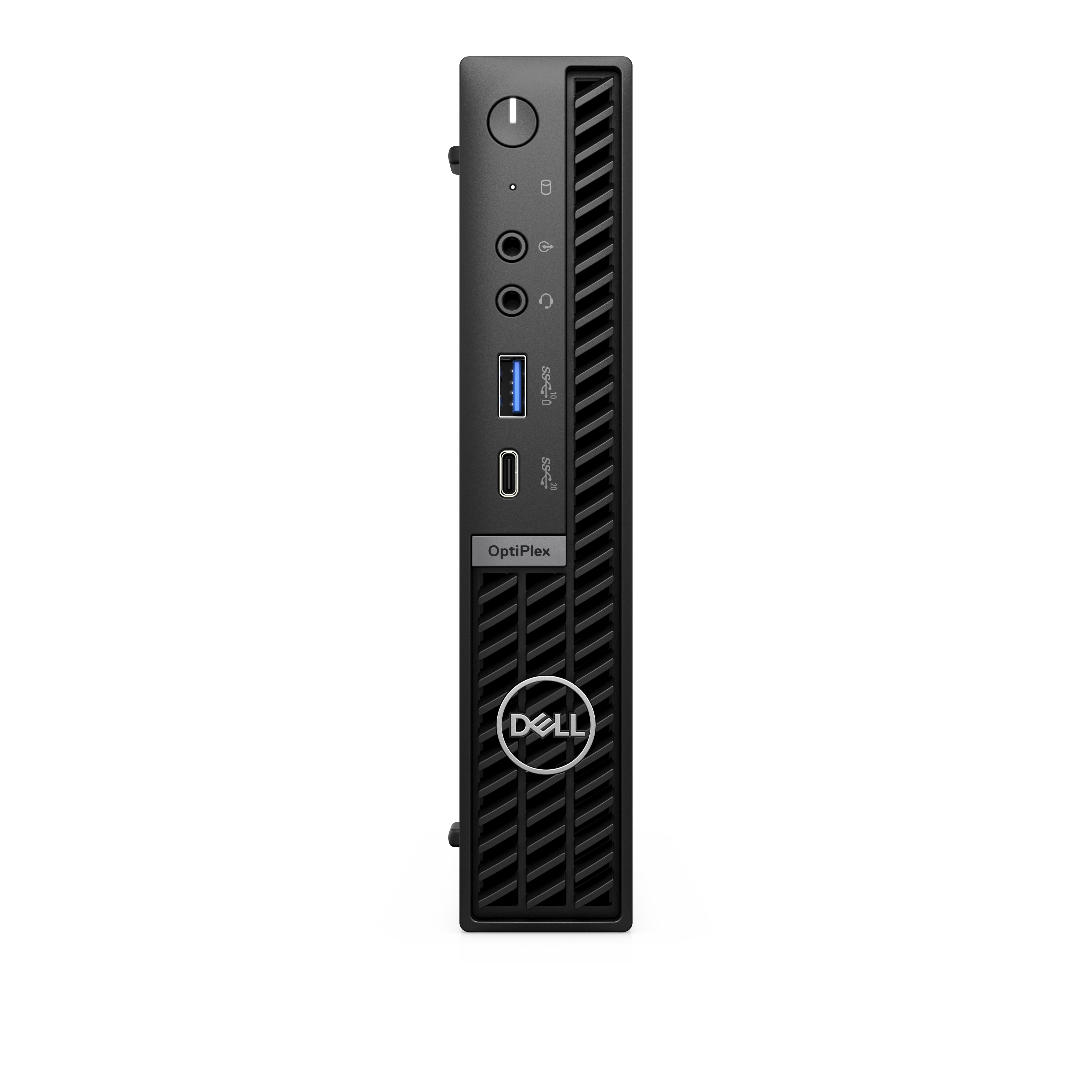Kleiner schwarzer Dell OptiPlex-Computer, Vorderansicht, auf weißem Hintergrund, mit Anschlüssen.
