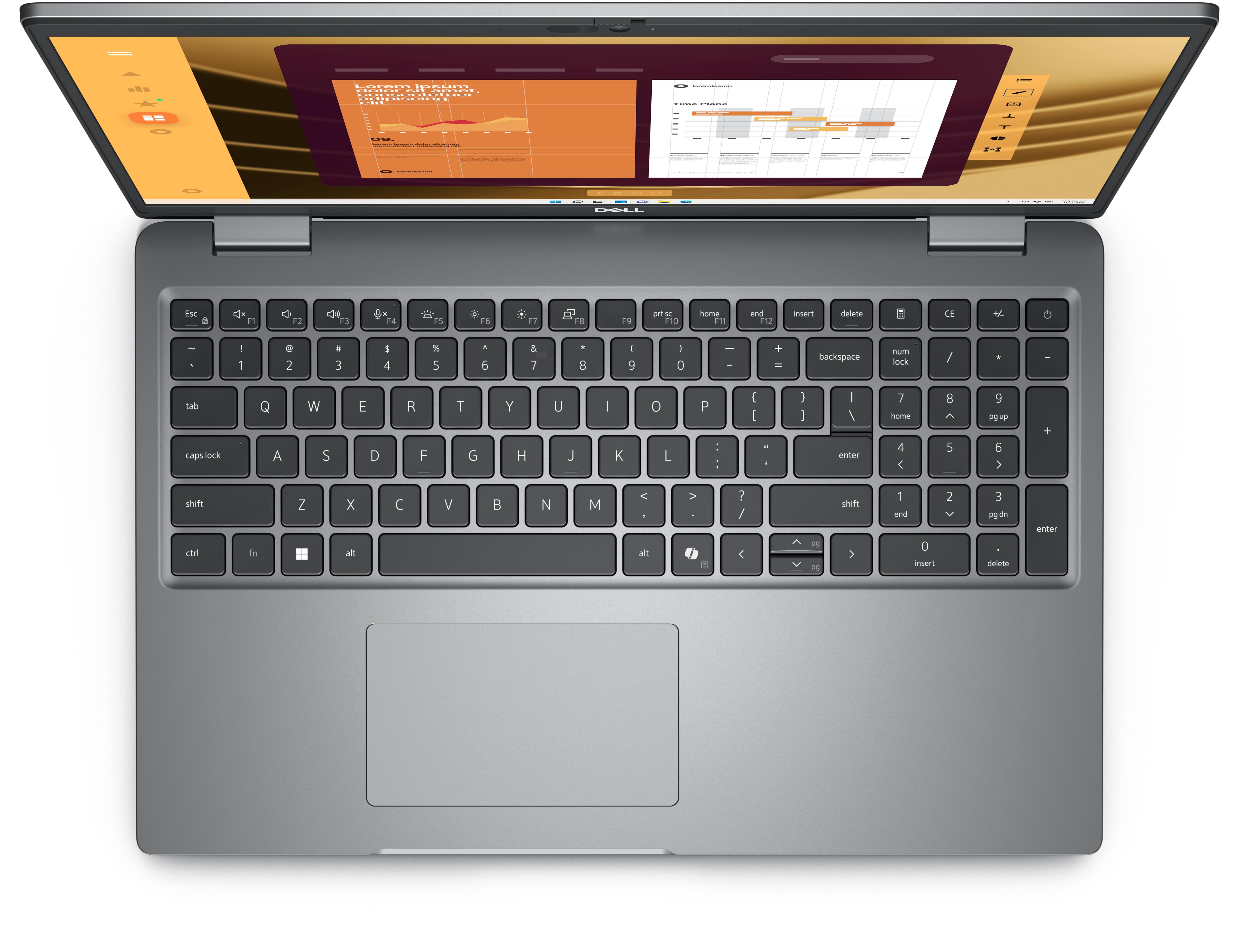 Grauer Laptop von oben mit Diagrammen auf goldenem Hintergrund.