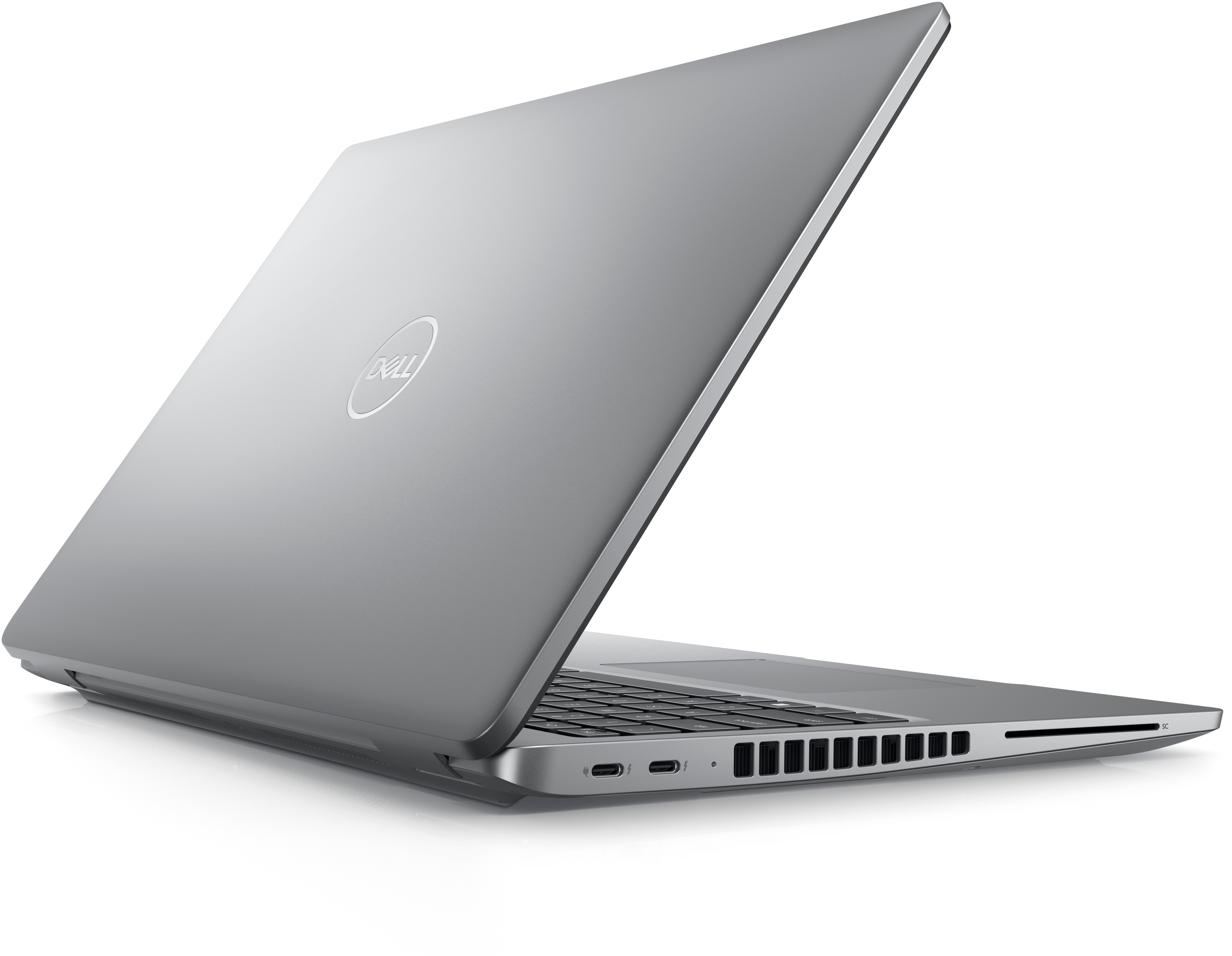 Grauer Laptop mit offenem Deckel, Dell-Logo auf der Rückseite, weißer Hintergrund.