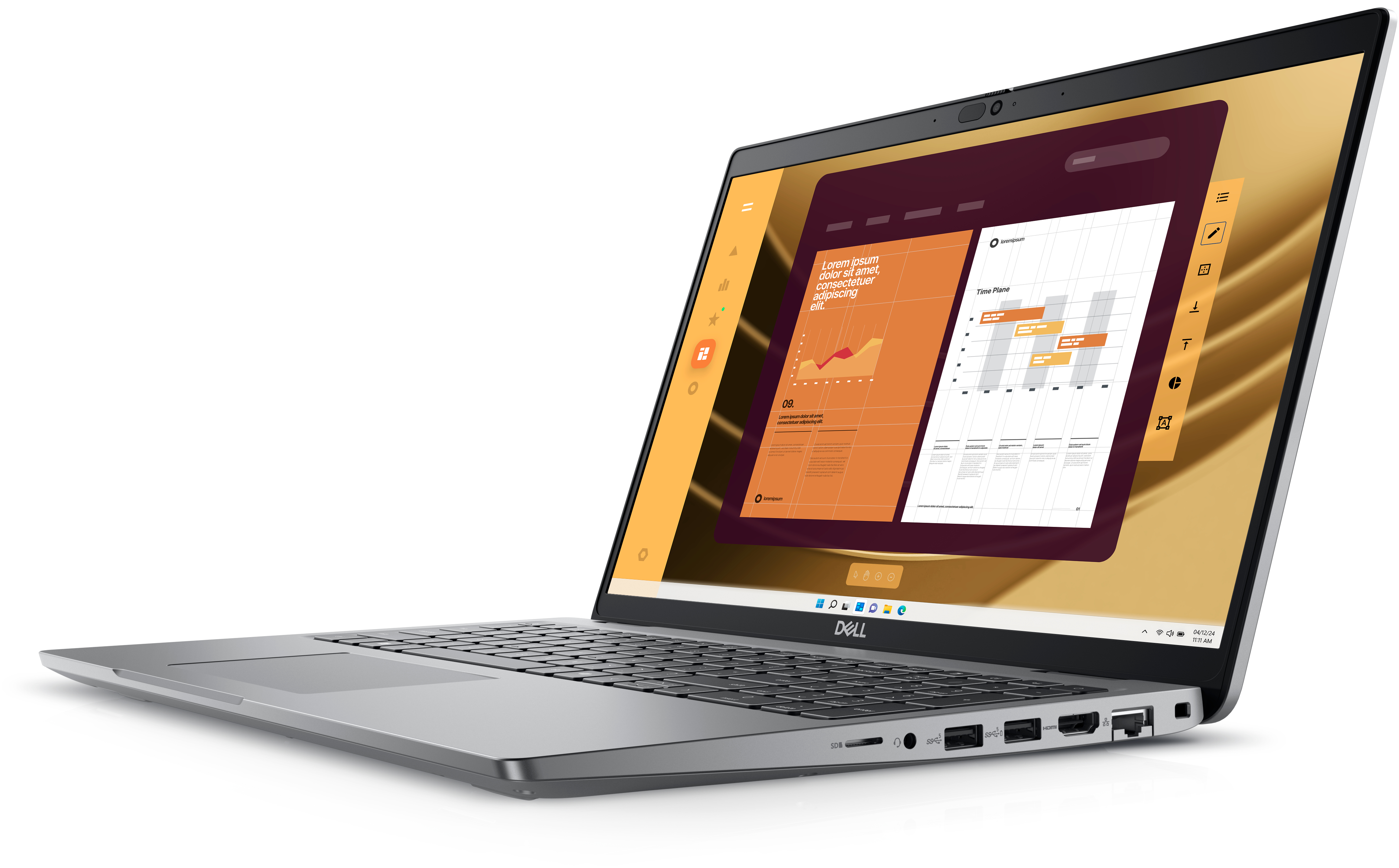 Grauer Laptop mit Diagrammen auf goldenem Hintergrund, weißer Hintergrund.