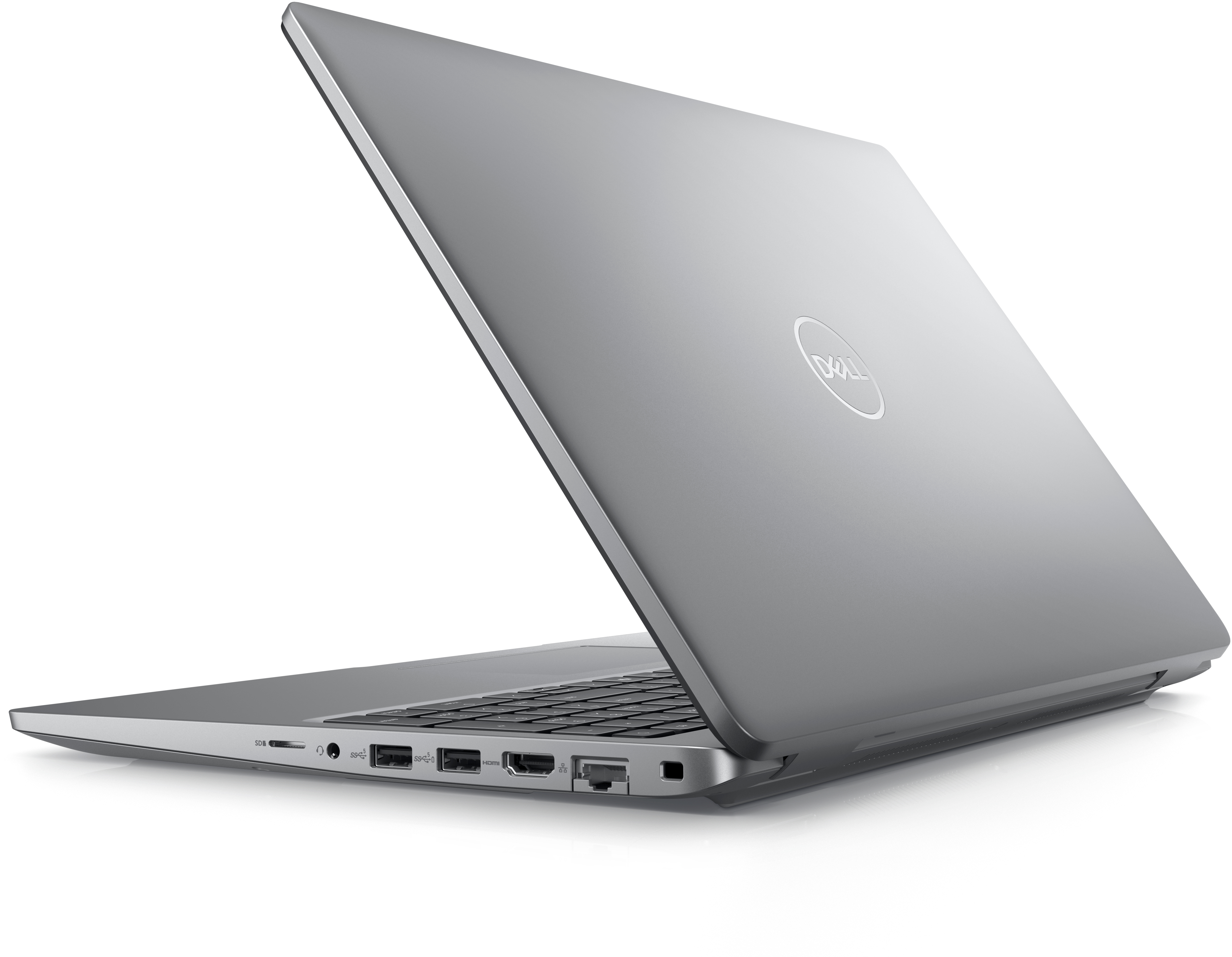 Grauer Laptop mit offenem Deckel, Dell-Logo auf der Rückseite, weißer Hintergrund.
