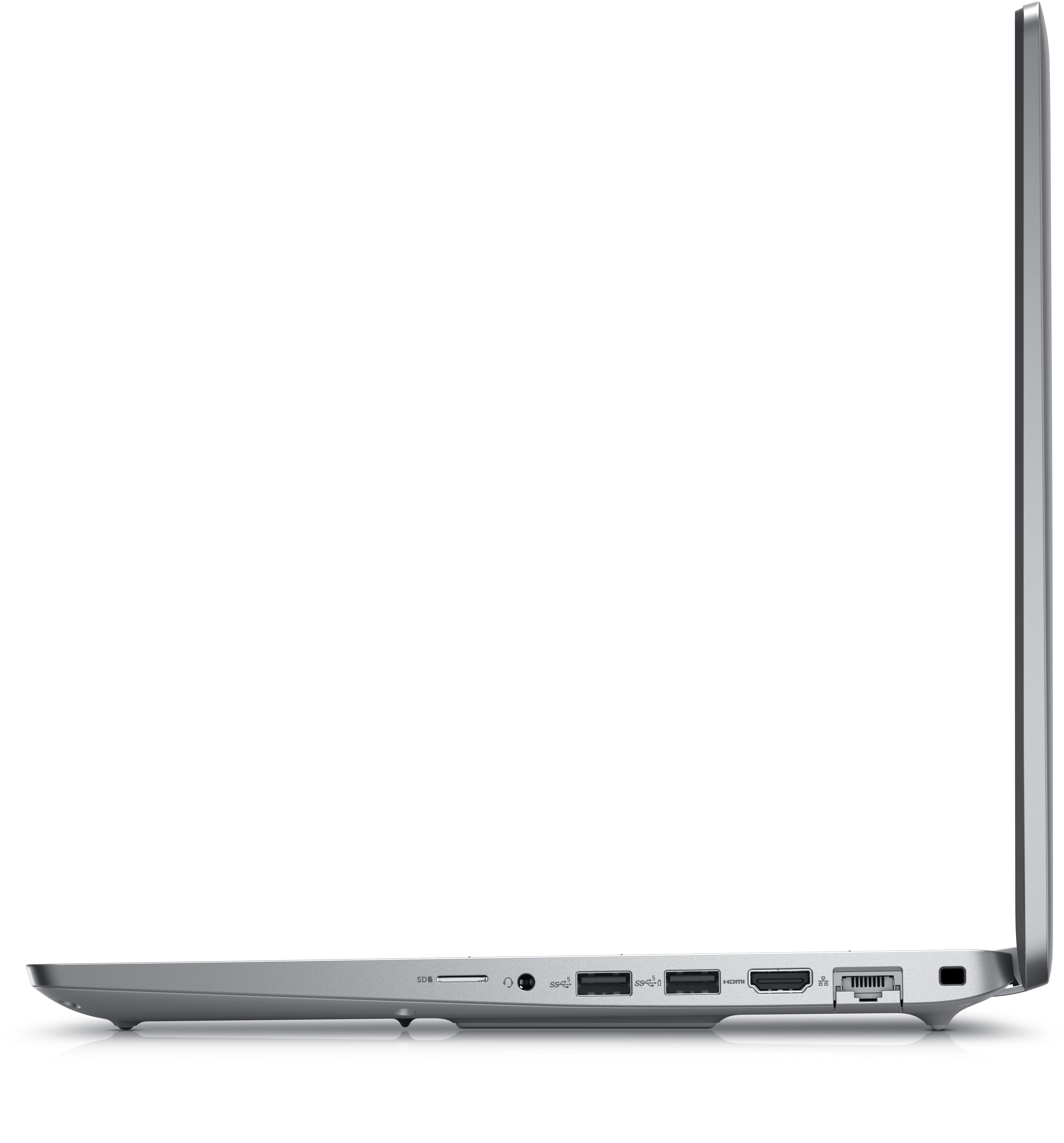 Silberner Laptop-Seitenansicht. Anschlüsse sichtbar. Weißer Hintergrund.
