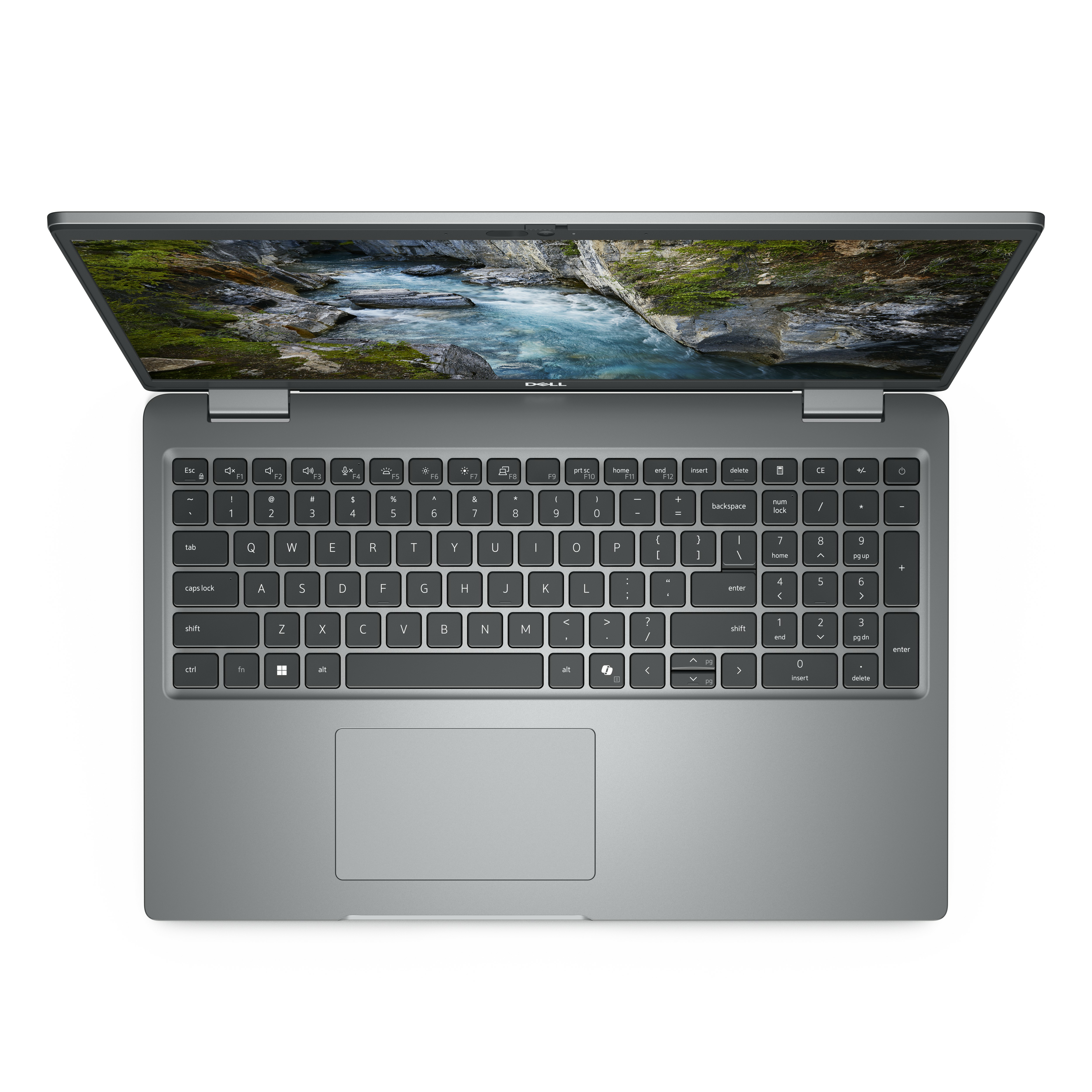 Ein Dell-Laptop von oben, geöffnet zur Tastatur.