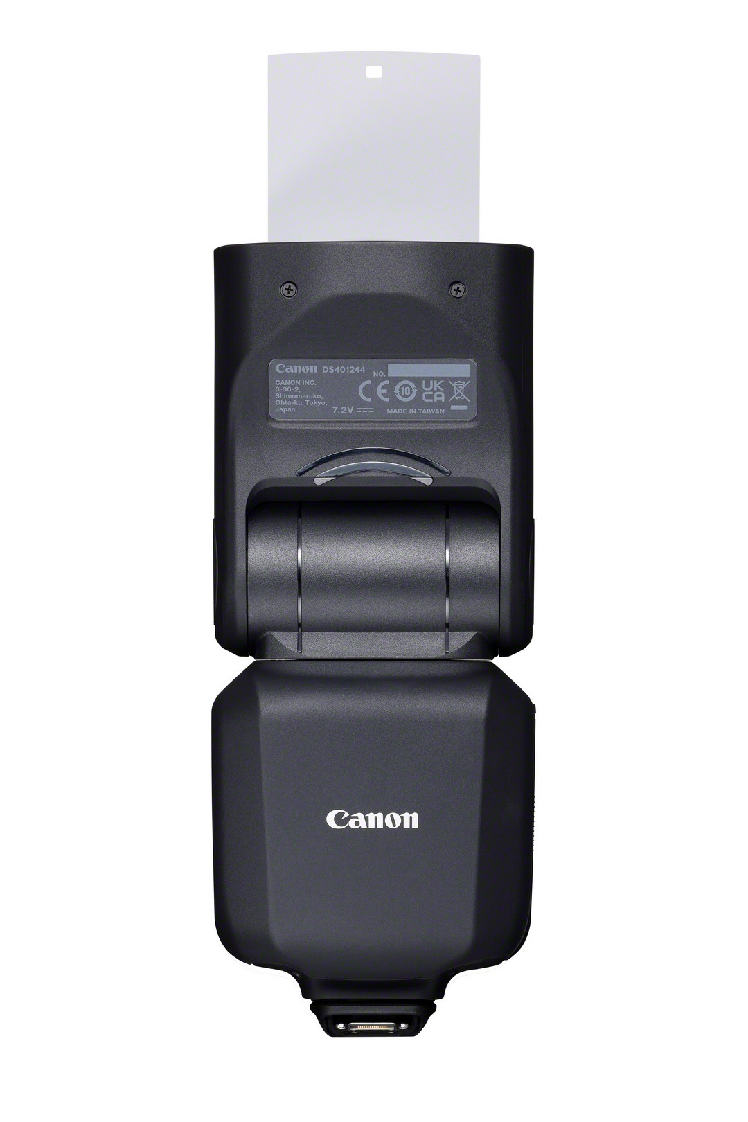 Ein Canon Speedlite-Blitzgerät. Es ist schwarz, mit einem weißen Reflektor. Das Canon-Logo ist sichtbar.
