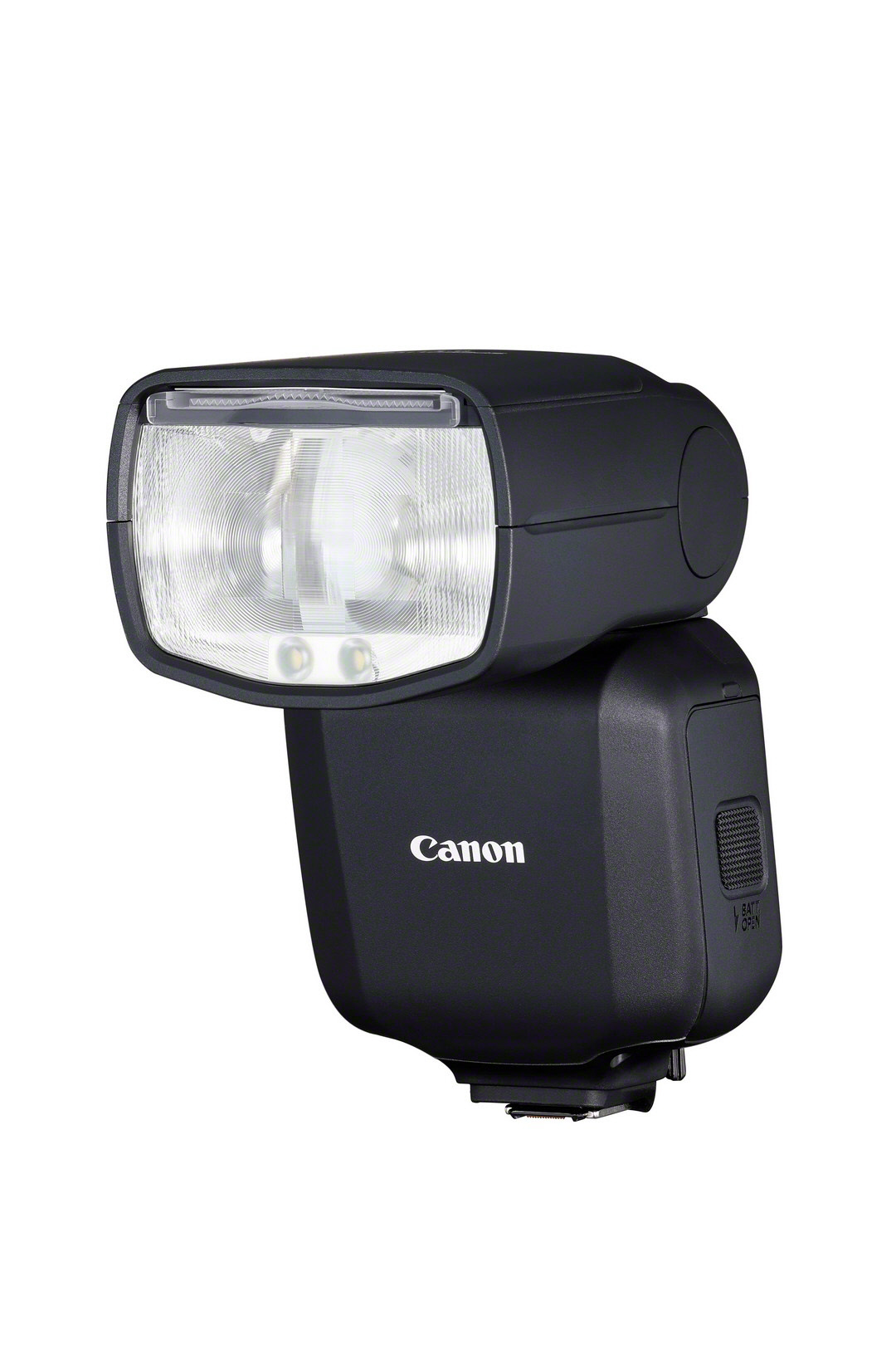 Schwarzer Canon Speedlite-Blitz auf weißem Hintergrund. Der Blitz ist nach oben abgewinkelt und ist größtenteils schwarz mit einem silbernen Blitzkopf.