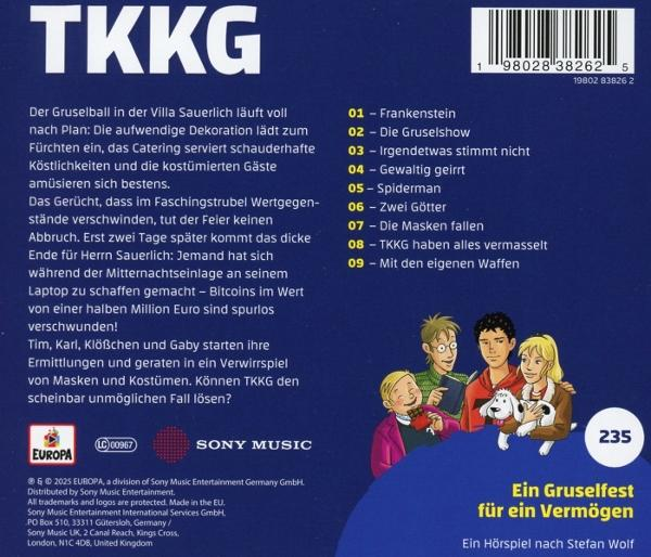 CD-Cover mit deutschem Text und Cartoon-Figuren. Text enthält „TKKG“ und „Ein Gruselfest für ein Vermögen“.