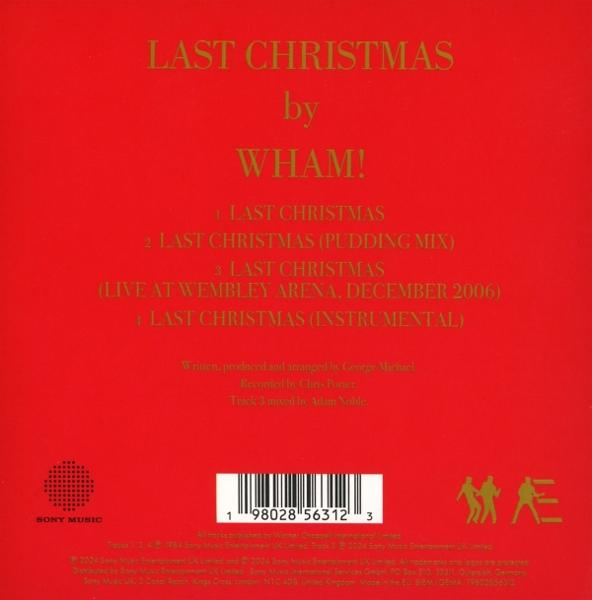 Wham! 'Last Christmas' CD-Cover. Roter Hintergrund mit Titelliste und Logo.