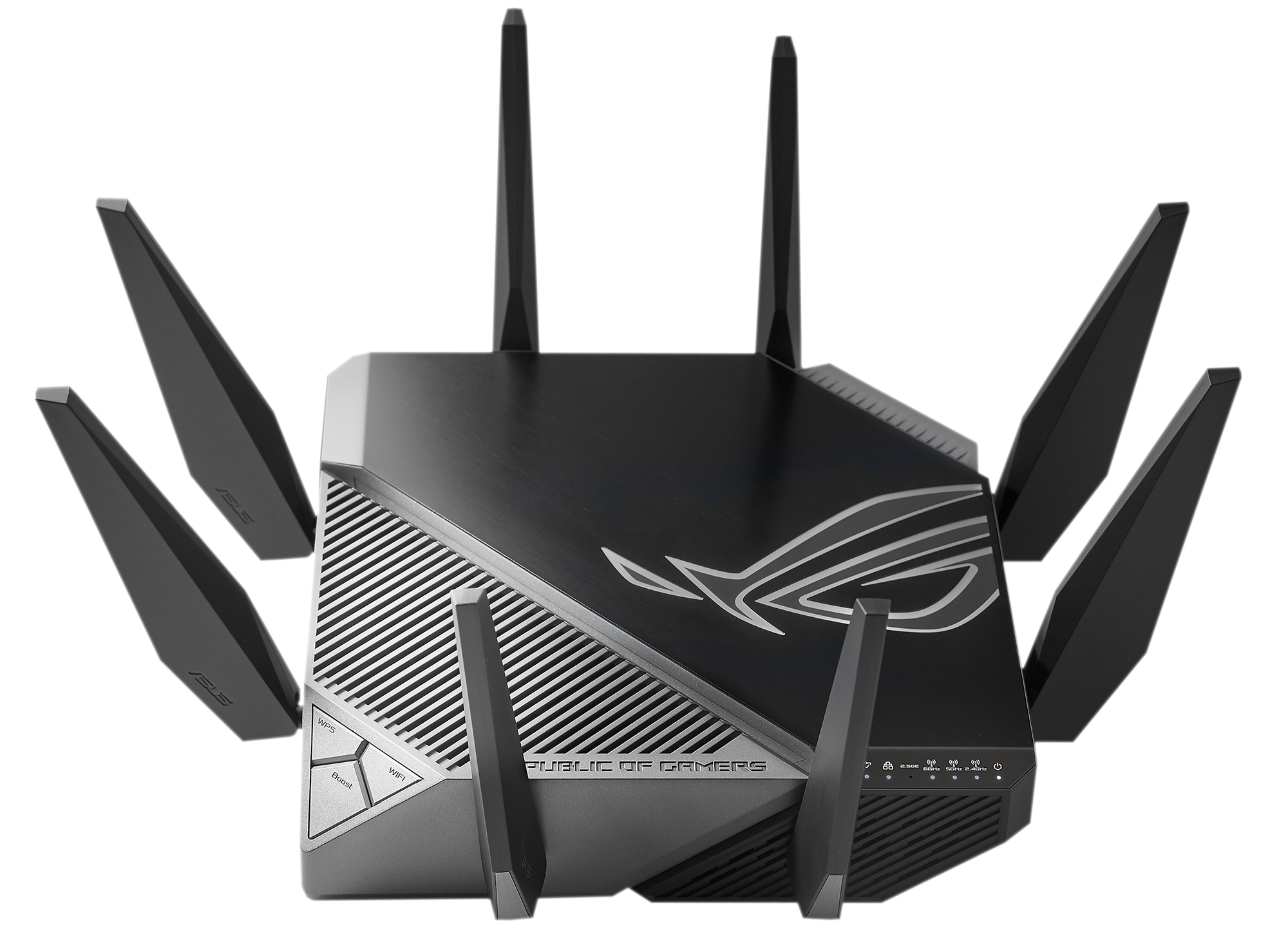 Routeur noir avec plusieurs antennes. L'avant a des boutons et le logo ROG.