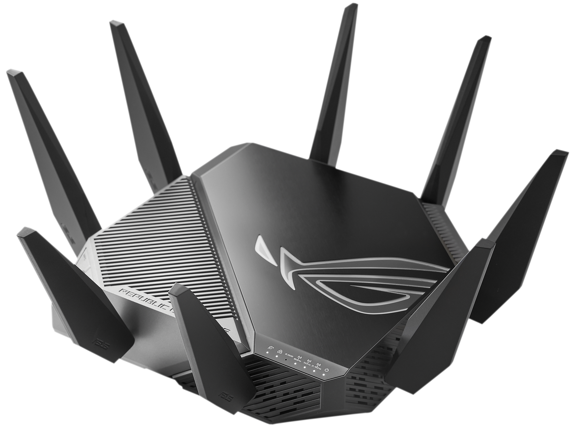 Routeur noir avec plusieurs antennes. Le dessus a le logo ROG en argent.