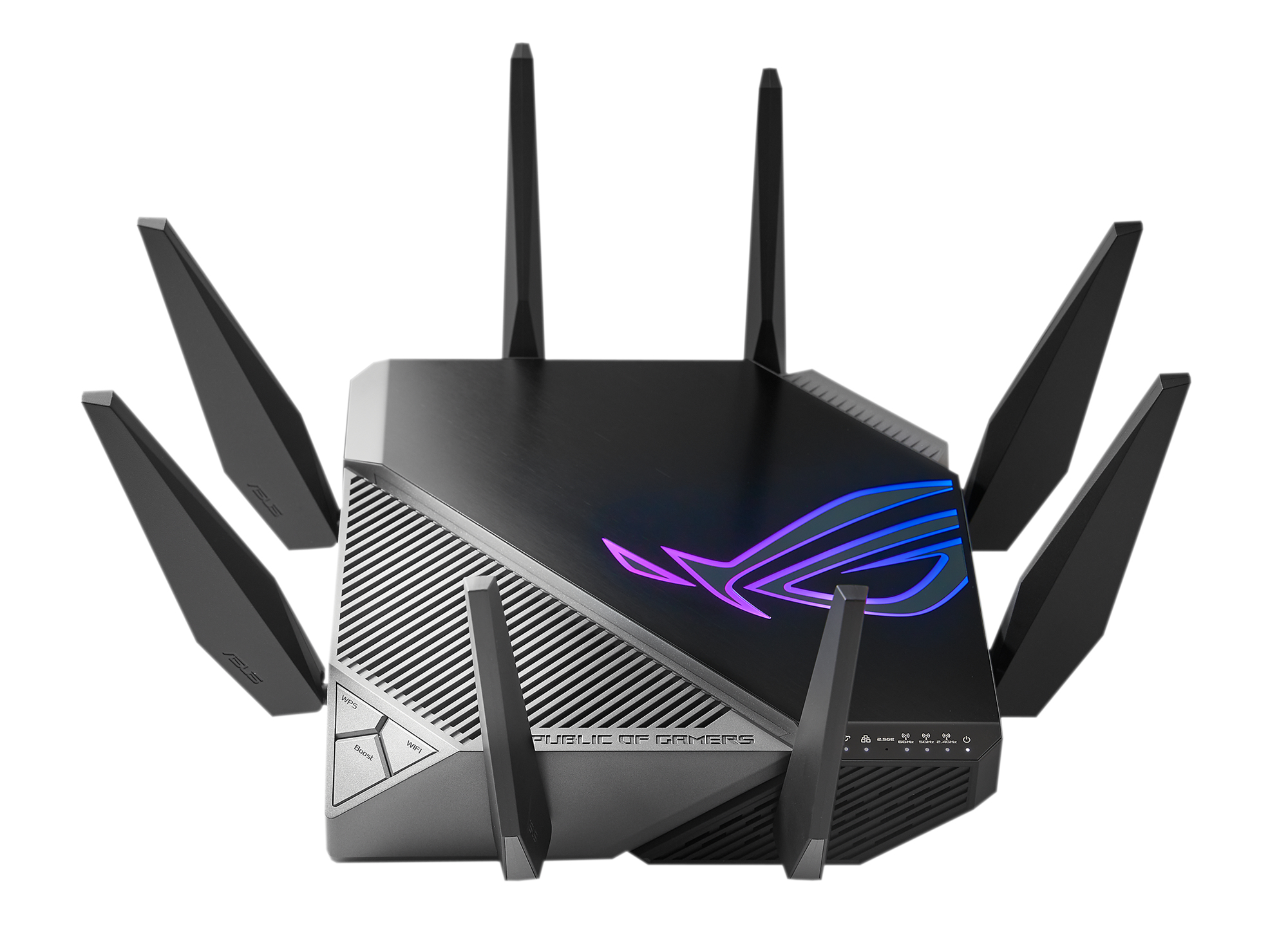 Routeur noir avec plusieurs antennes et un logo ROG illuminé en couleur.